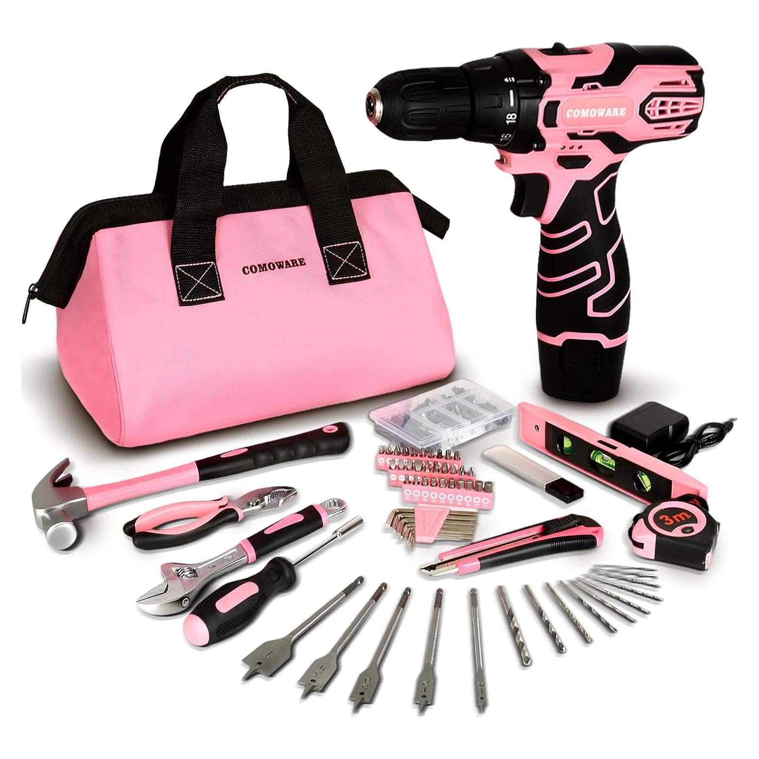 Kit de Herramientas Inalámbricas Rosa COMOWARE 12V con Taladro