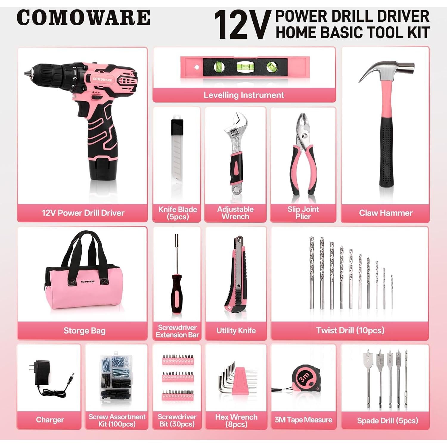 Kit de Herramientas Inalámbricas Rosa COMOWARE 12V con Taladro
