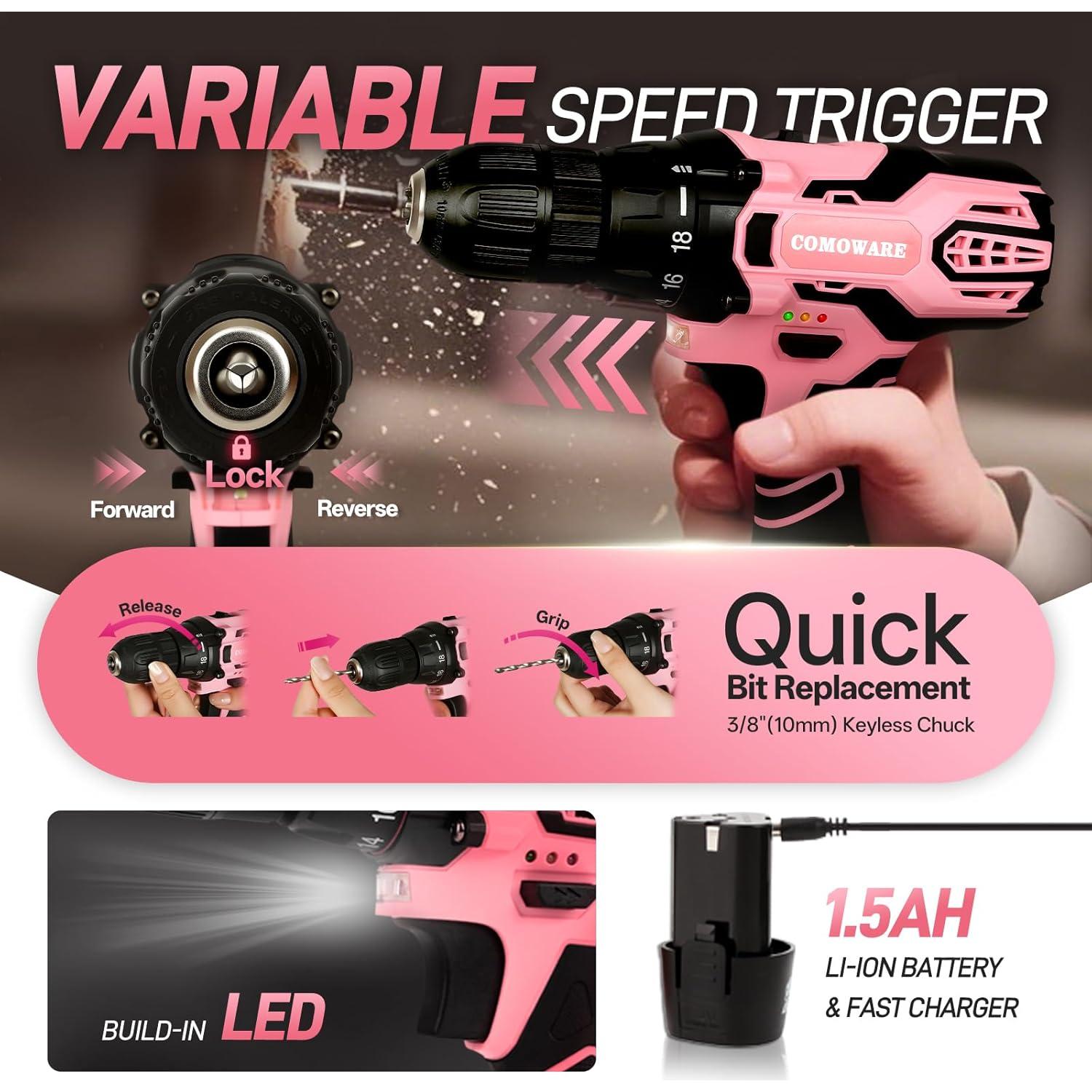 Kit de Herramientas Inalámbricas Rosa COMOWARE 12V con Taladro