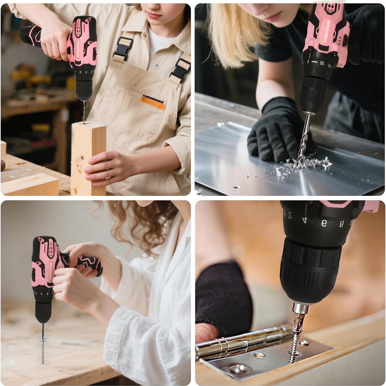 Kit de Herramientas Inalámbricas Rosa COMOWARE 12V con Taladro