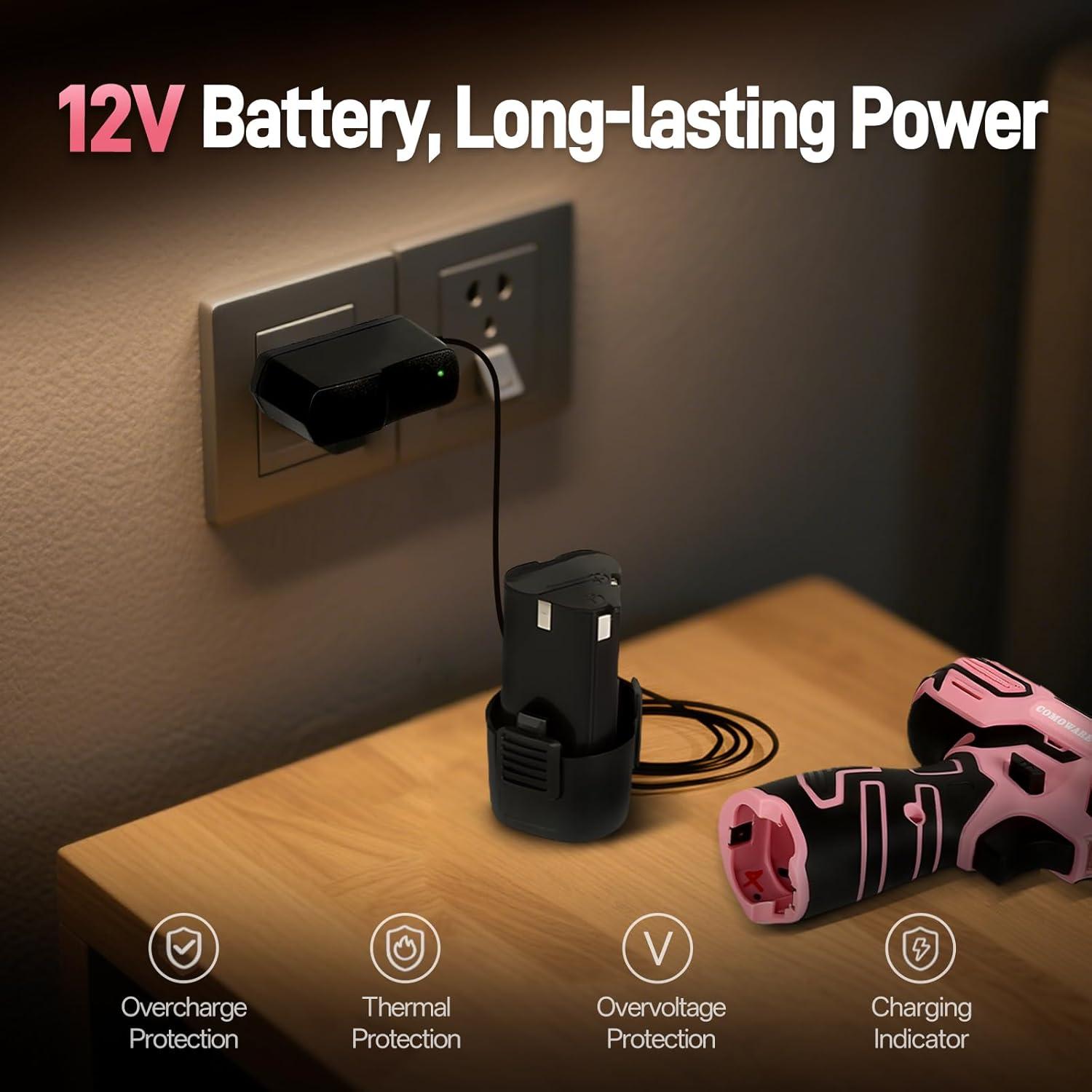 Kit de Herramientas Inalámbricas Rosa COMOWARE 12V con Taladro