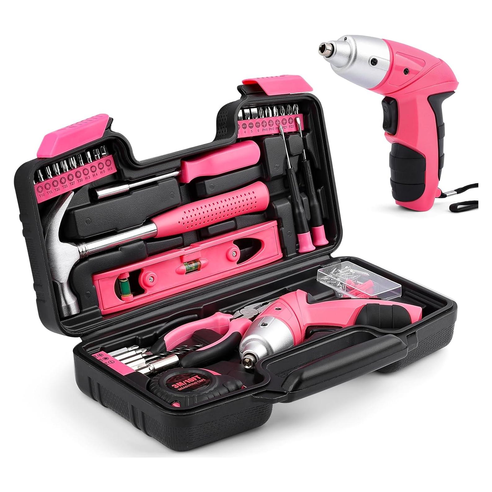 Juego de Herramientas 112PCS con Destornillador Eléctrico 3.6V Rosa