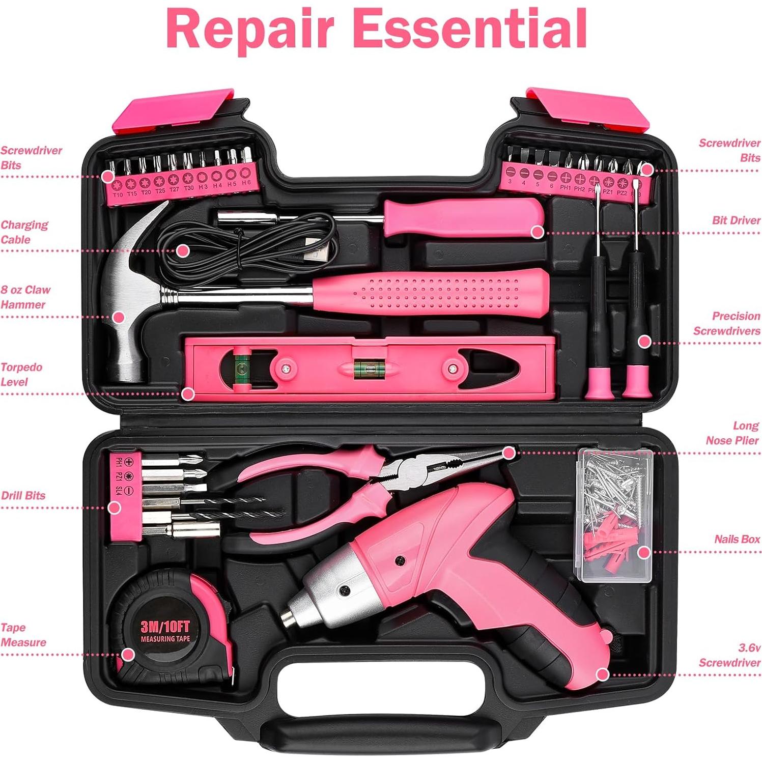 Juego de Herramientas 112PCS con Destornillador Eléctrico 3.6V Rosa