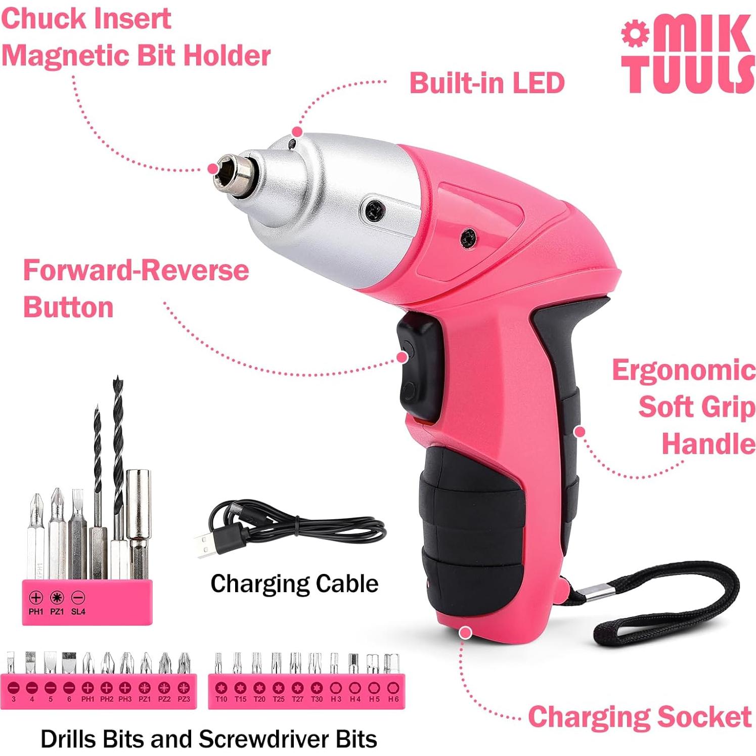 Juego de Herramientas 112PCS con Destornillador Eléctrico 3.6V Rosa