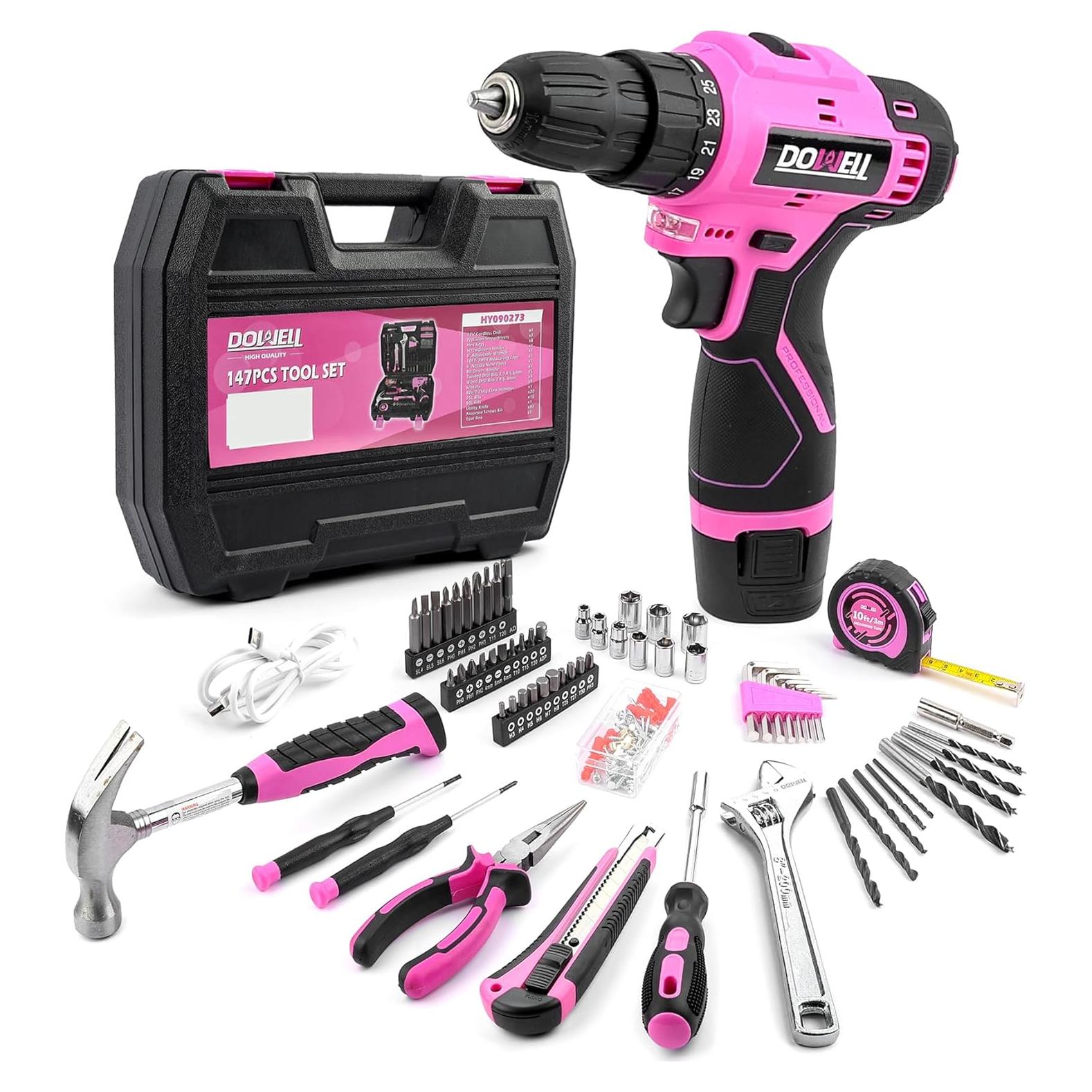 Kit de Herramientas DOWELL Rosa 147 Piezas con Taladro 12V