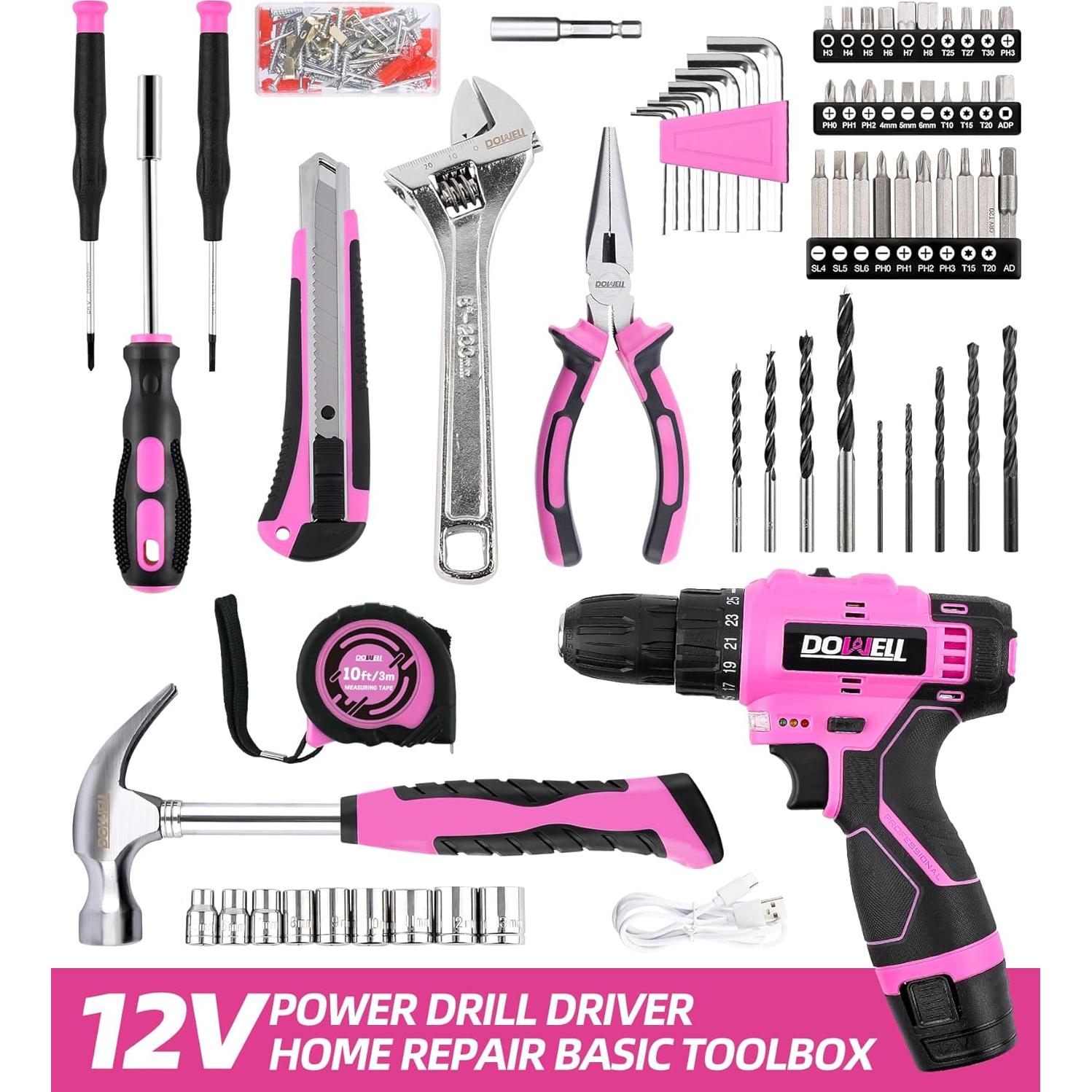Kit de Herramientas DOWELL Rosa 147 Piezas con Taladro 12V
