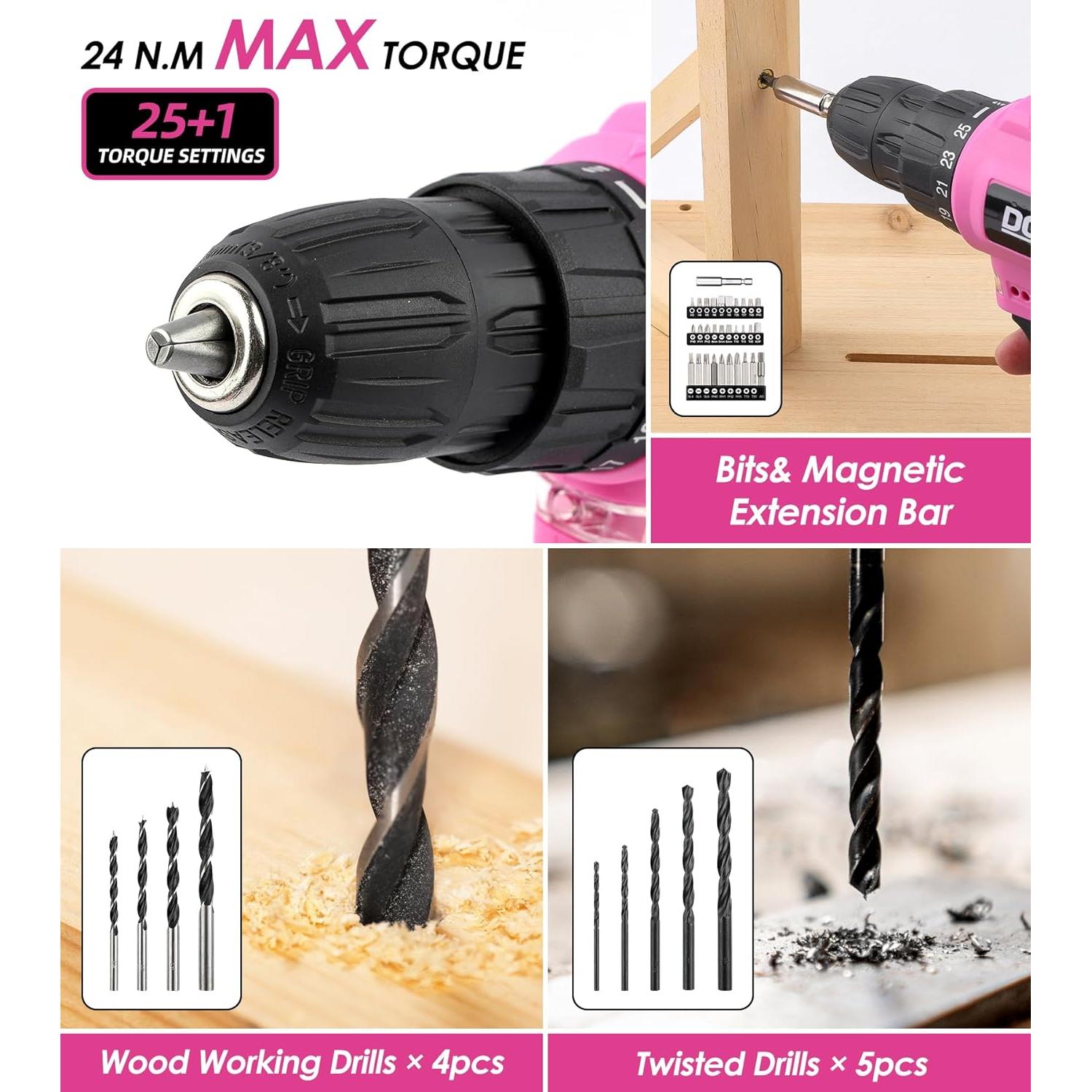 Kit de Herramientas DOWELL Rosa 147 Piezas con Taladro 12V