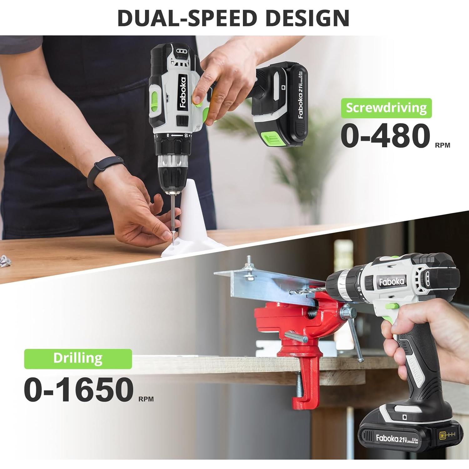 Taladro Inalámbrico 21V FABOKA con Batería 2.0Ah y Luz LED