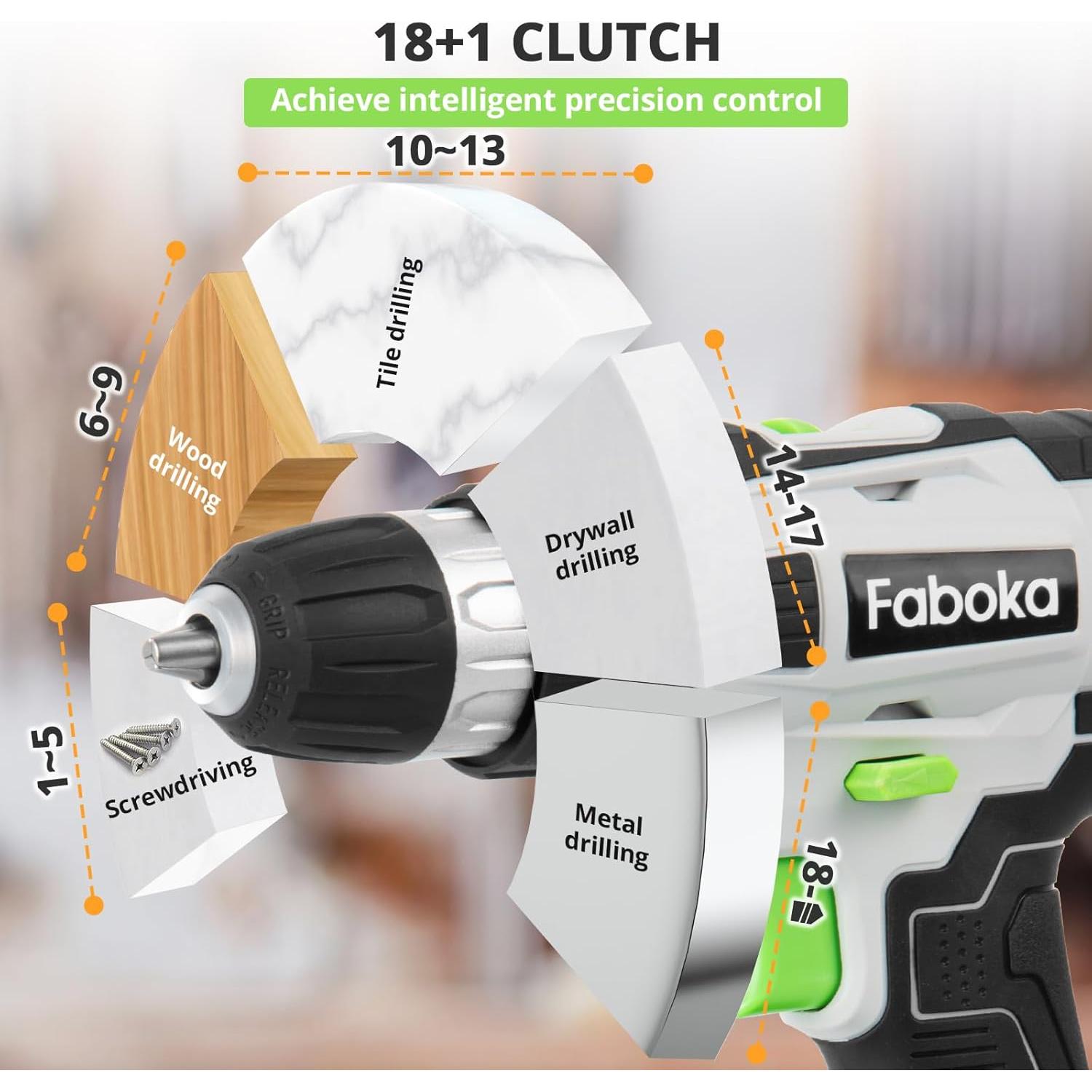Taladro Inalámbrico 21V FABOKA con Batería 2.0Ah y Luz LED
