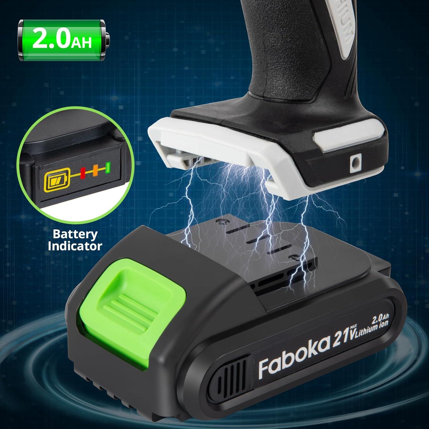 Taladro Inalámbrico 21V FABOKA con Batería 2.0Ah y Luz LED