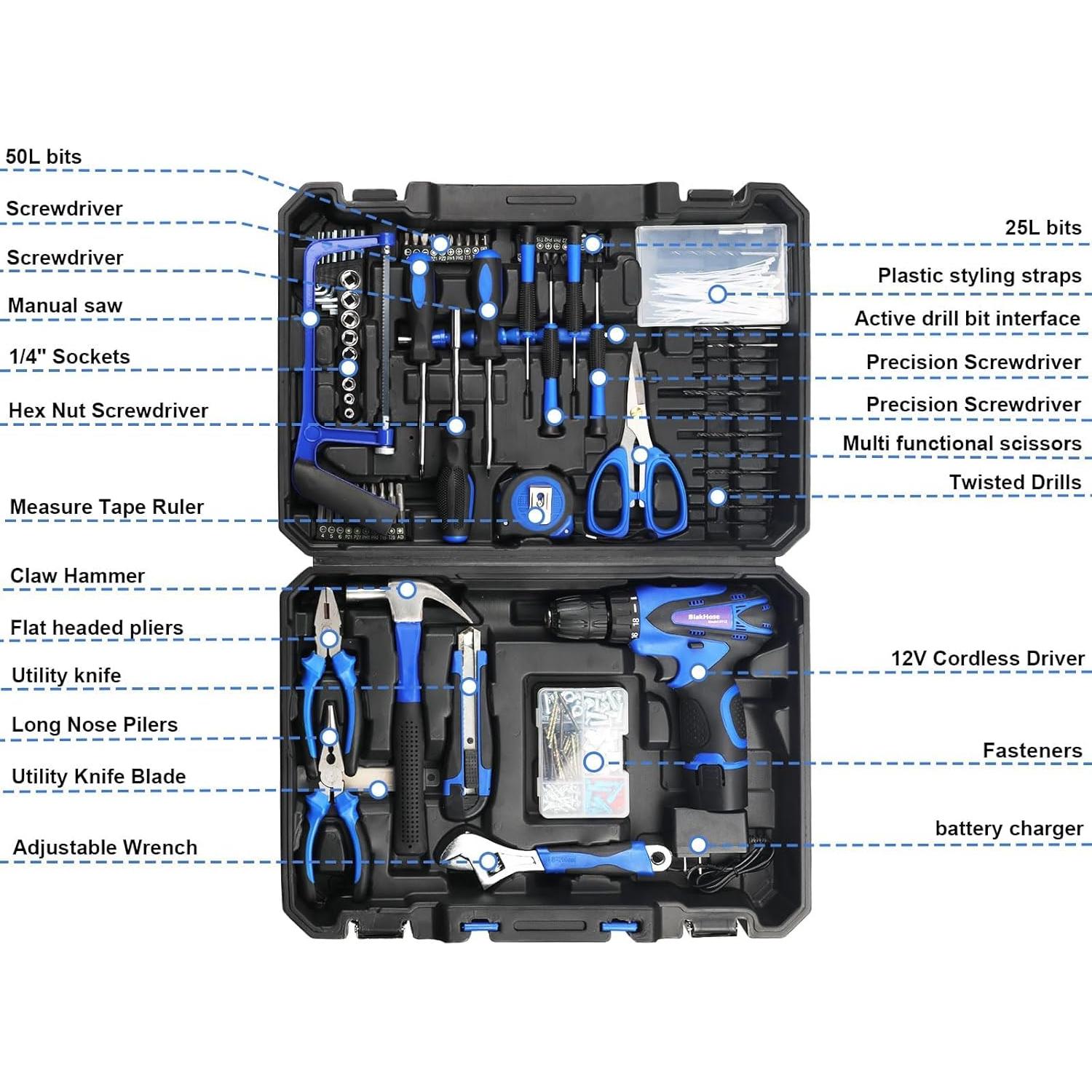 Kit de herramientas BlakHose 261 piezas con taladro 12V