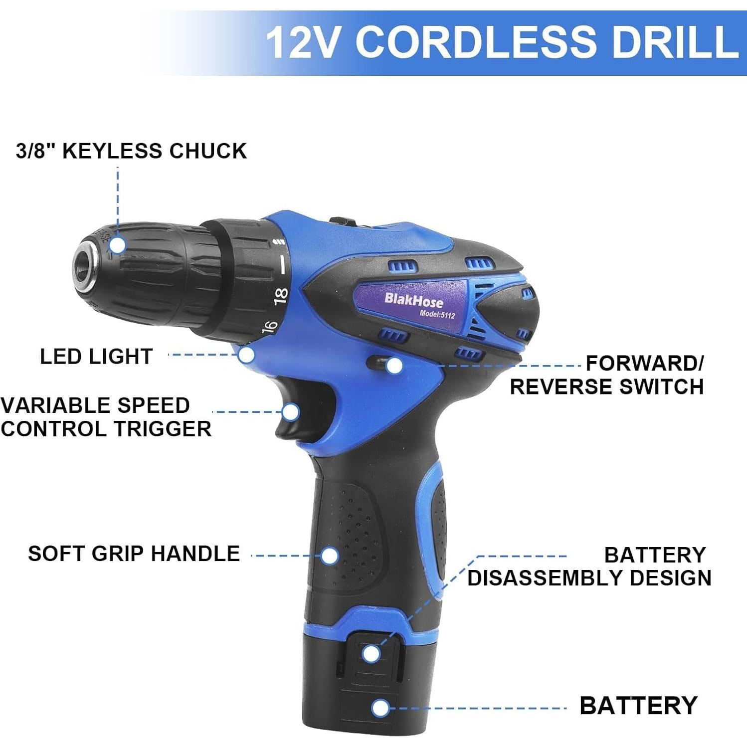 Kit de herramientas BlakHose 261 piezas con taladro 12V