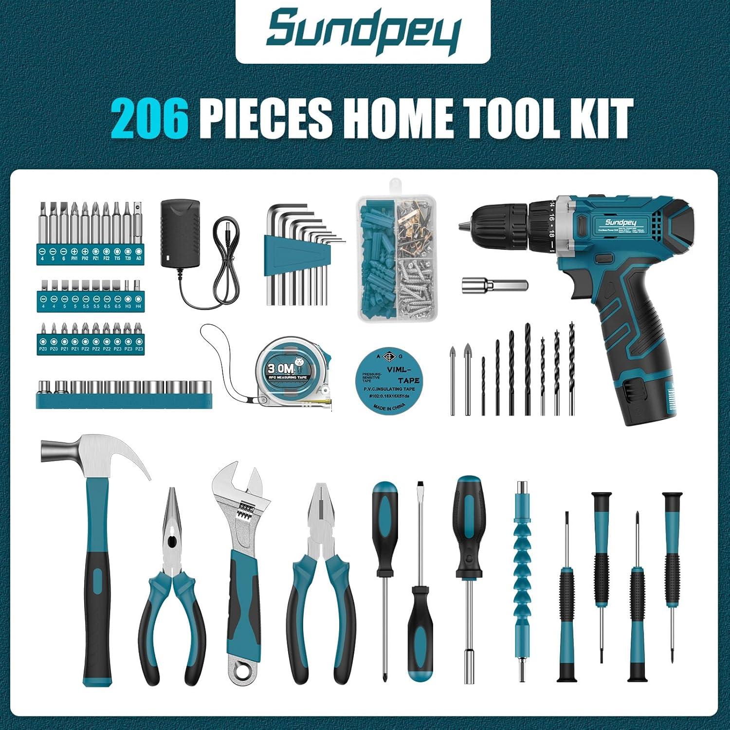 Kit de Herramientas Sundpey 206 Piezas con Taladro Inalámbrico 12V