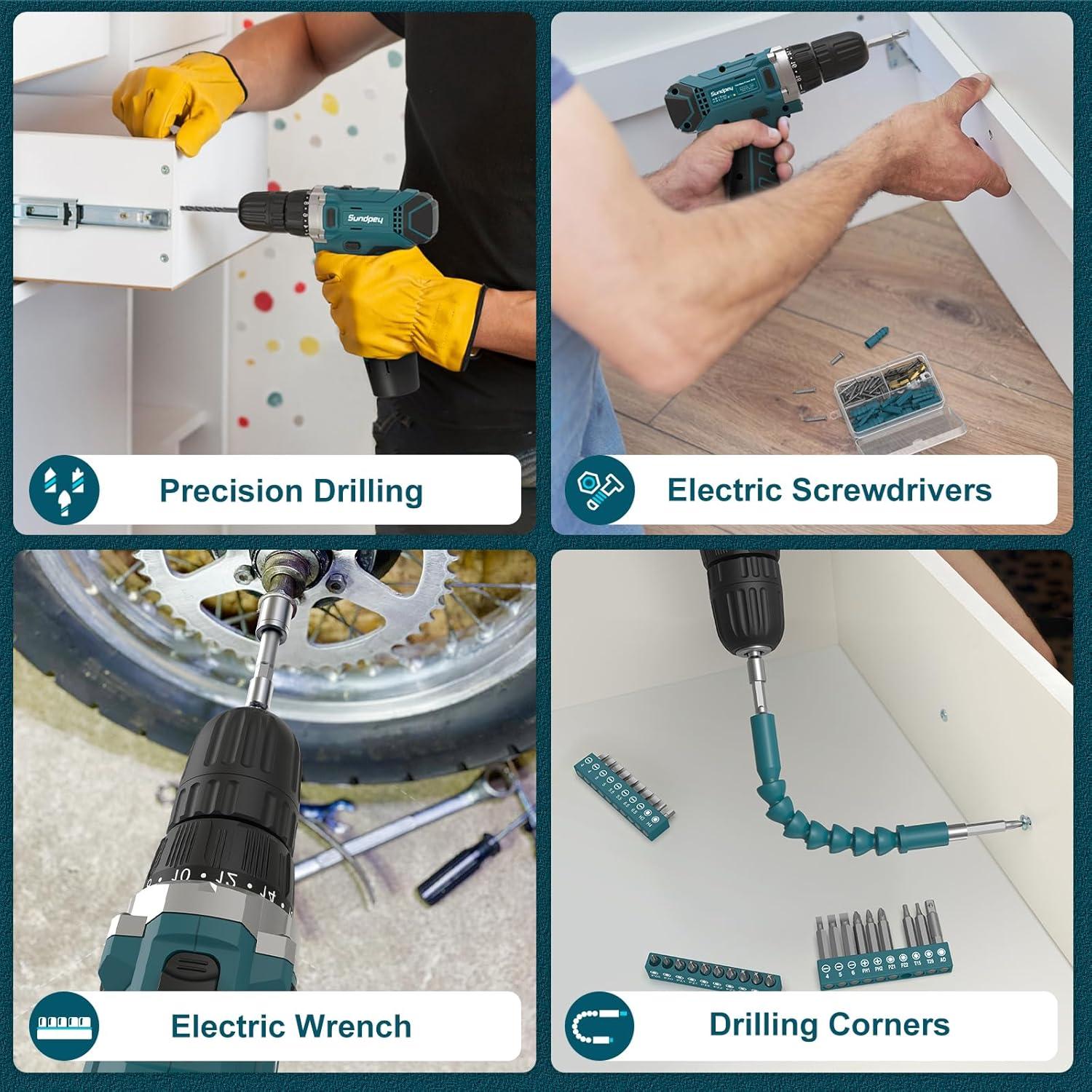 Kit de Herramientas Sundpey 206 Piezas con Taladro Inalámbrico 12V