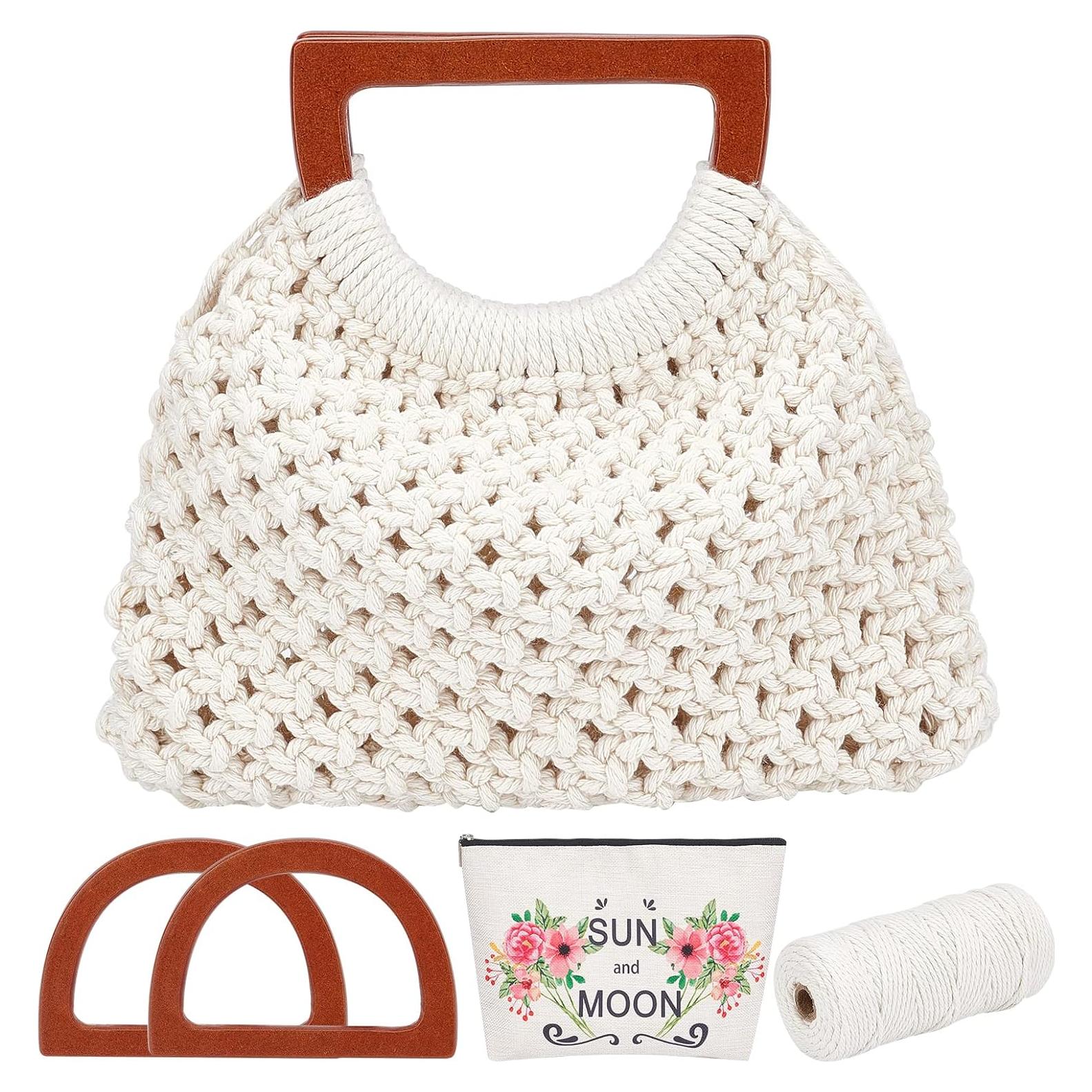 WEBEEDY Macrame Bag DIY Kit for Adults Macrame Kit for Beginners Macrame Purse DIY Kit for Women Macrame Handbag with Wooden Handle Hobbies Project for Starter Christmas Boho Gift Idea (Natural)