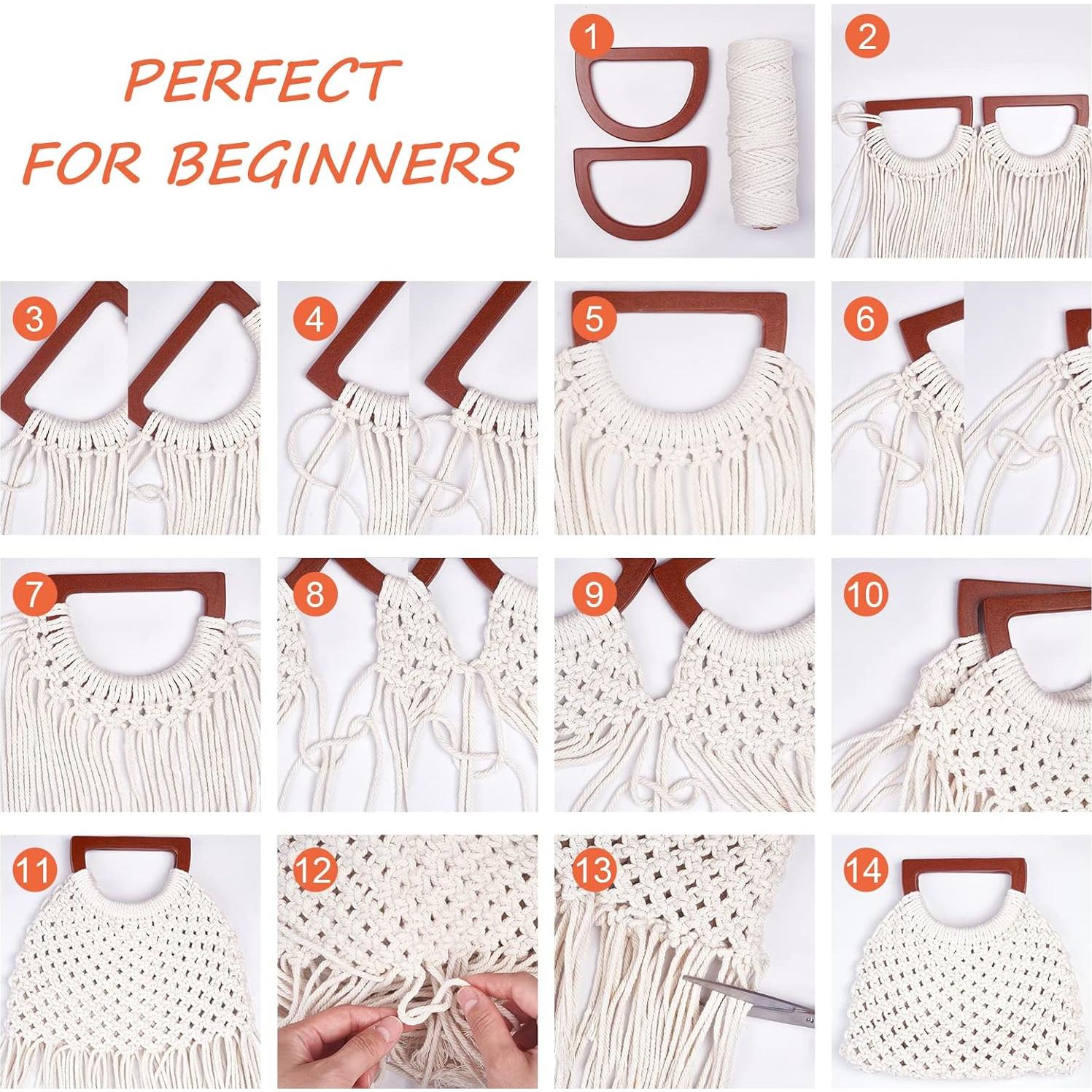 WEBEEDY Macrame Bag DIY Kit for Adults Macrame Kit for Beginners Macrame Purse DIY Kit for Women Macrame Handbag with Wooden Handle Hobbies Project for Starter Christmas Boho Gift Idea (Natural)