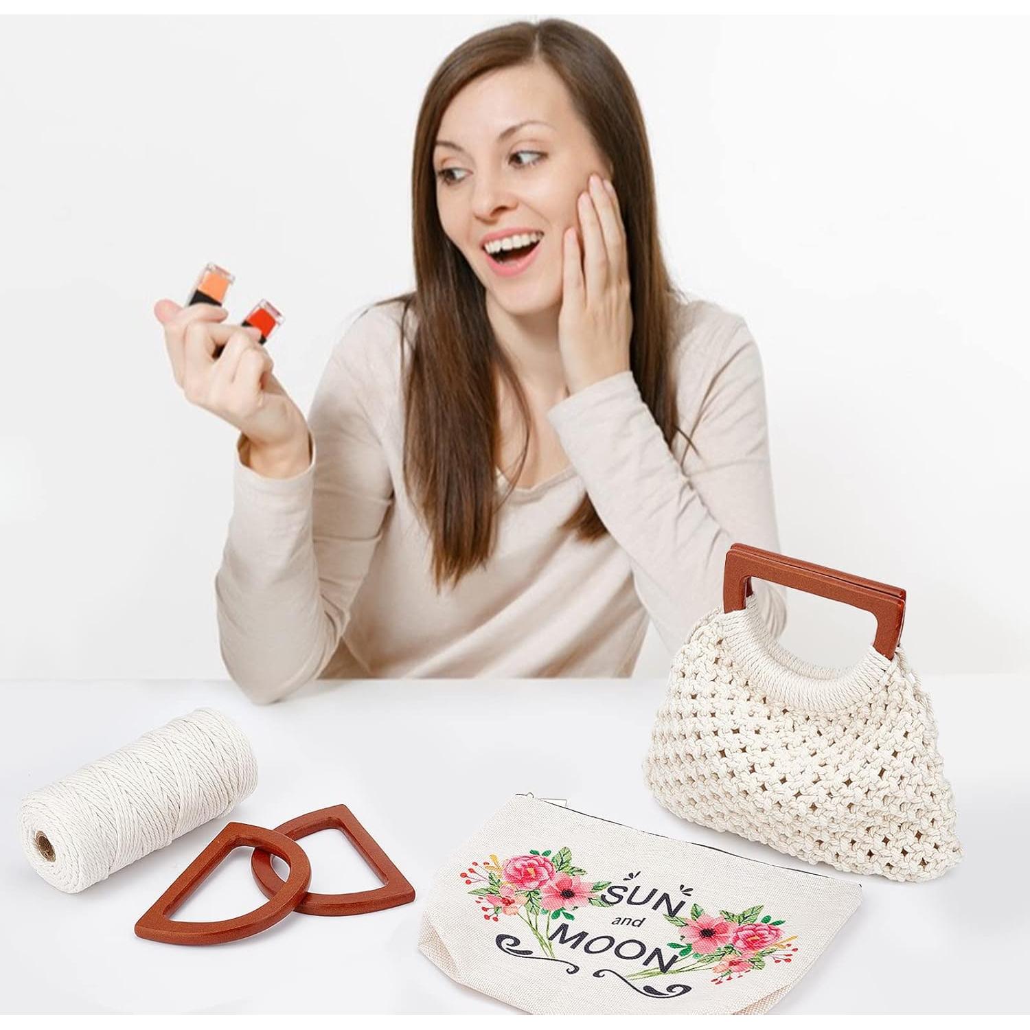 WEBEEDY Macrame Bag DIY Kit for Adults Macrame Kit for Beginners Macrame Purse DIY Kit for Women Macrame Handbag with Wooden Handle Hobbies Project for Starter Christmas Boho Gift Idea (Natural)