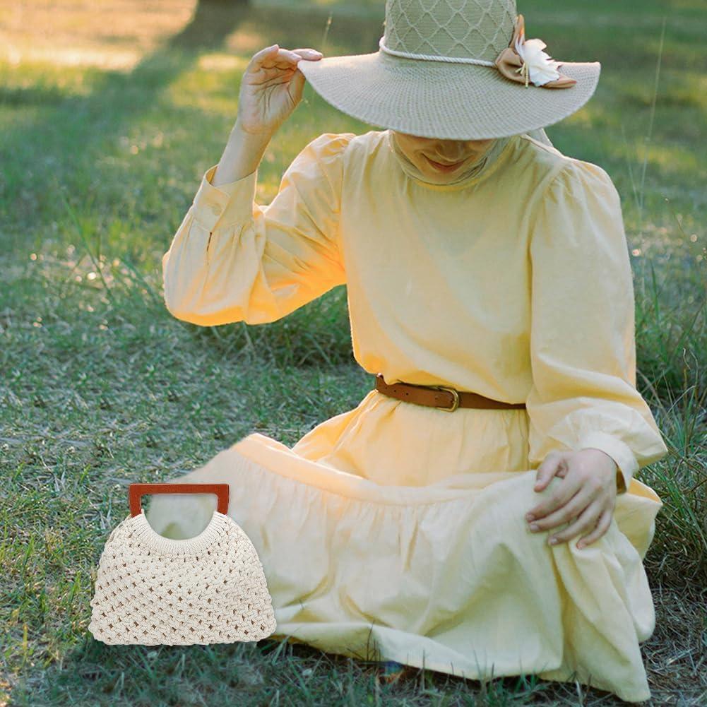 WEBEEDY Macrame Bag DIY Kit for Adults Macrame Kit for Beginners Macrame Purse DIY Kit for Women Macrame Handbag with Wooden Handle Hobbies Project for Starter Christmas Boho Gift Idea (Natural)