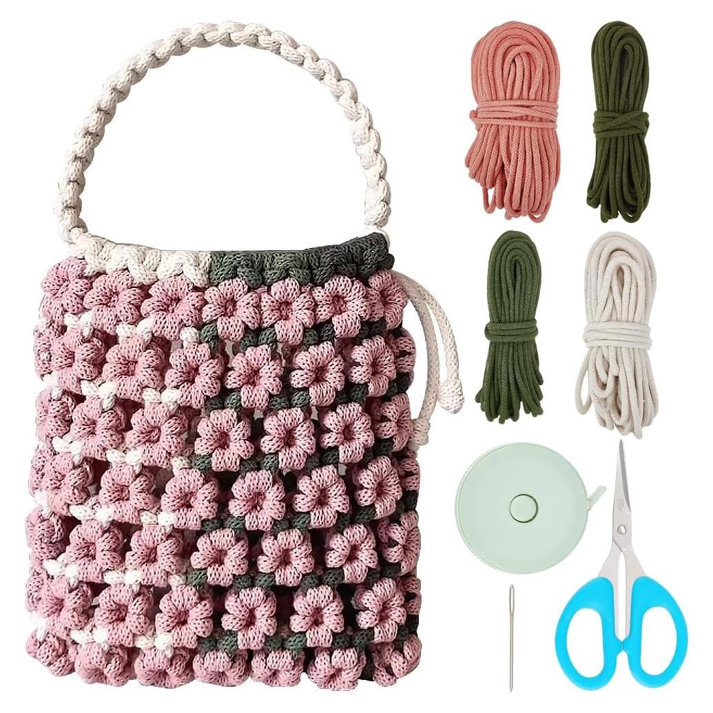 Kit de Bolsa de Macramé DIY BEUNITONE Boho Floral Rosa