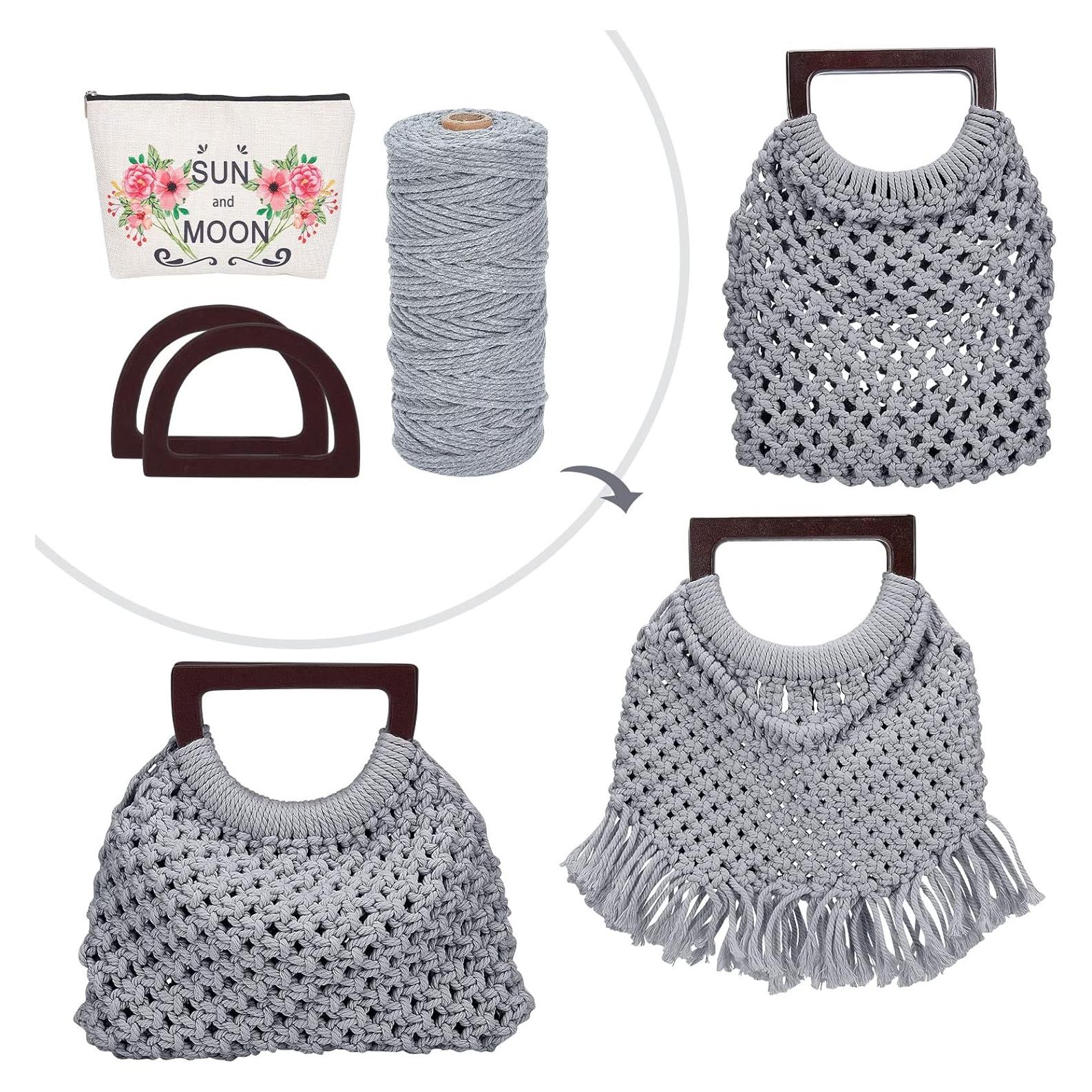 WEBEEDY Macrame Bag DIY Kit for Adults Macrame Kit for Beginners,Macrame Purse DIY Kit for Women Macrame Handbag with Wooden Handle Hobbies Project for Starter Christmas Boho Decor Gift(Grey)