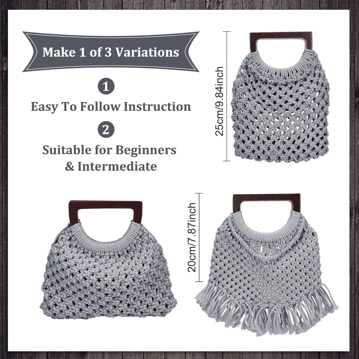 WEBEEDY Macrame Bag DIY Kit for Adults Macrame Kit for Beginners,Macrame Purse DIY Kit for Women Macrame Handbag with Wooden Handle Hobbies Project for Starter Christmas Boho Decor Gift(Grey)