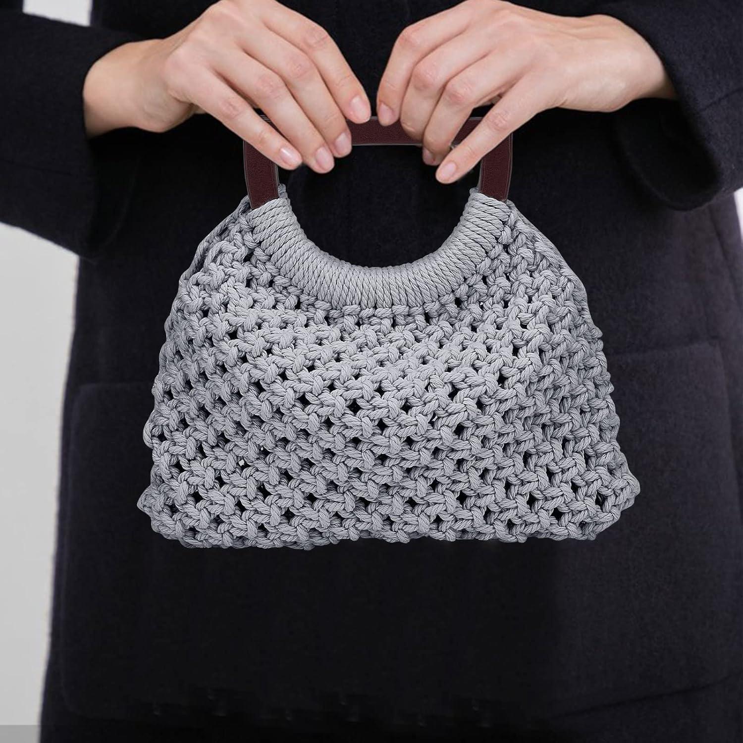 WEBEEDY Macrame Bag DIY Kit for Adults Macrame Kit for Beginners,Macrame Purse DIY Kit for Women Macrame Handbag with Wooden Handle Hobbies Project for Starter Christmas Boho Decor Gift(Grey)