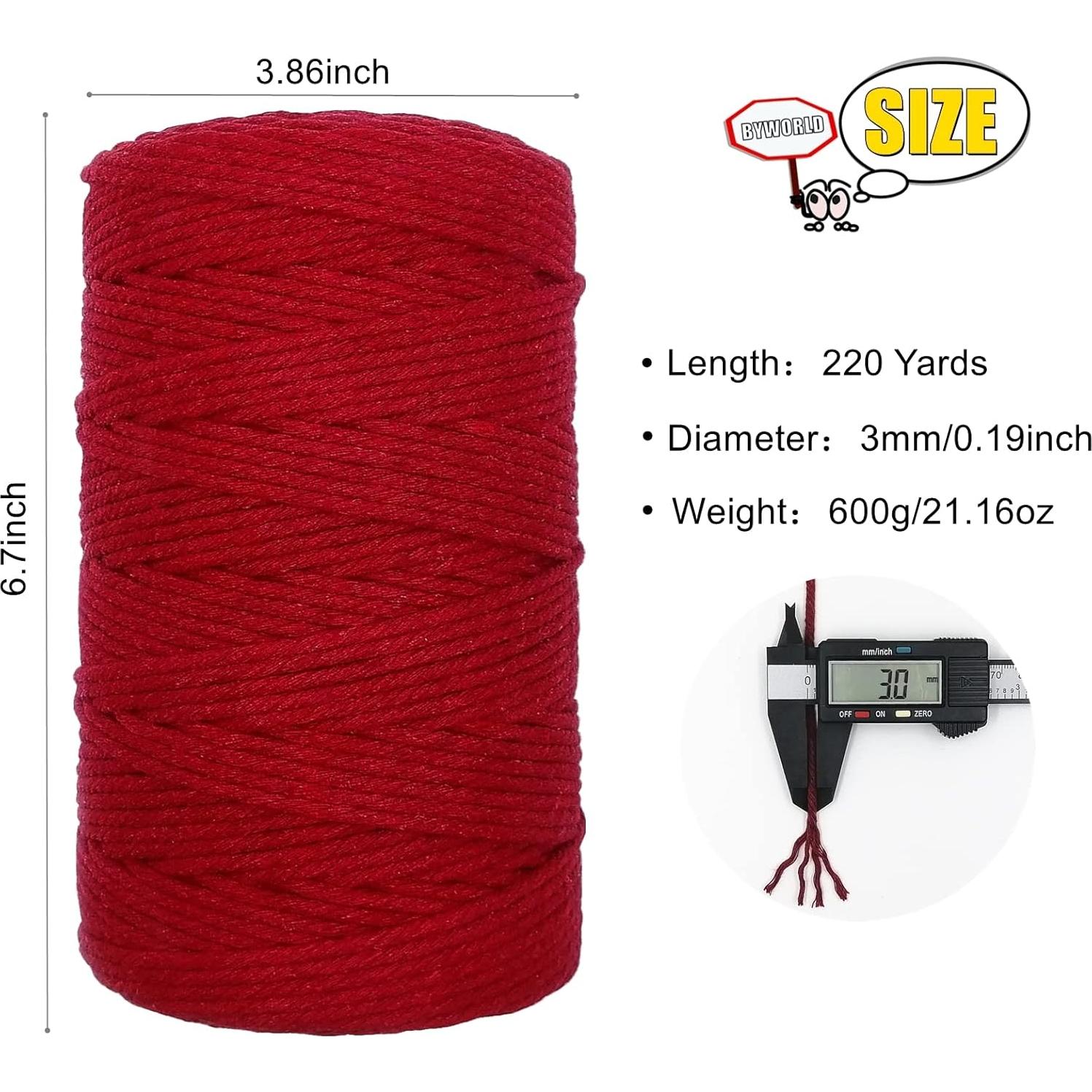 Cuerda de Macramé BYWORLD 3mm 200m Algodón Natural Rojo Vino