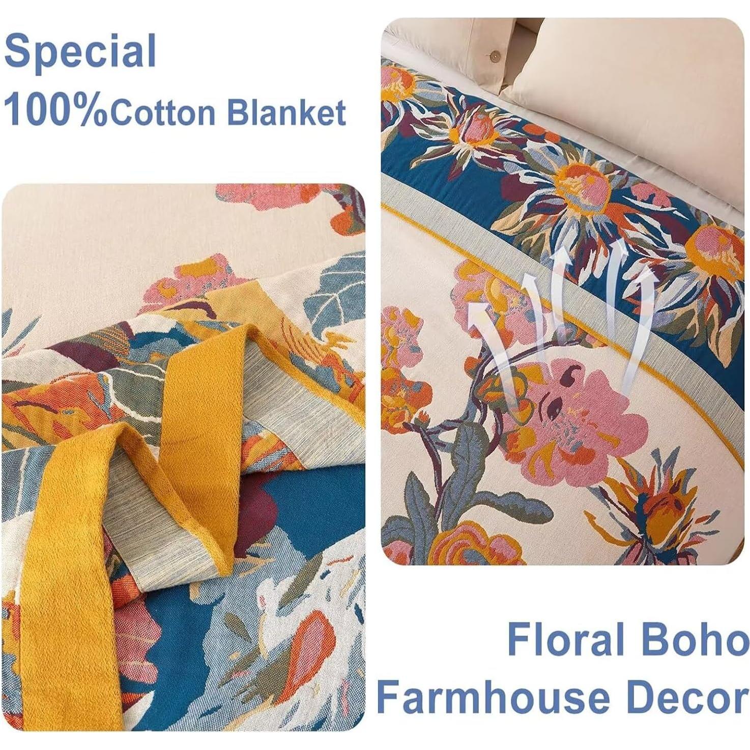 Manta Boho Wzvzss 100% Algodón 127x152cm Floral Reversible