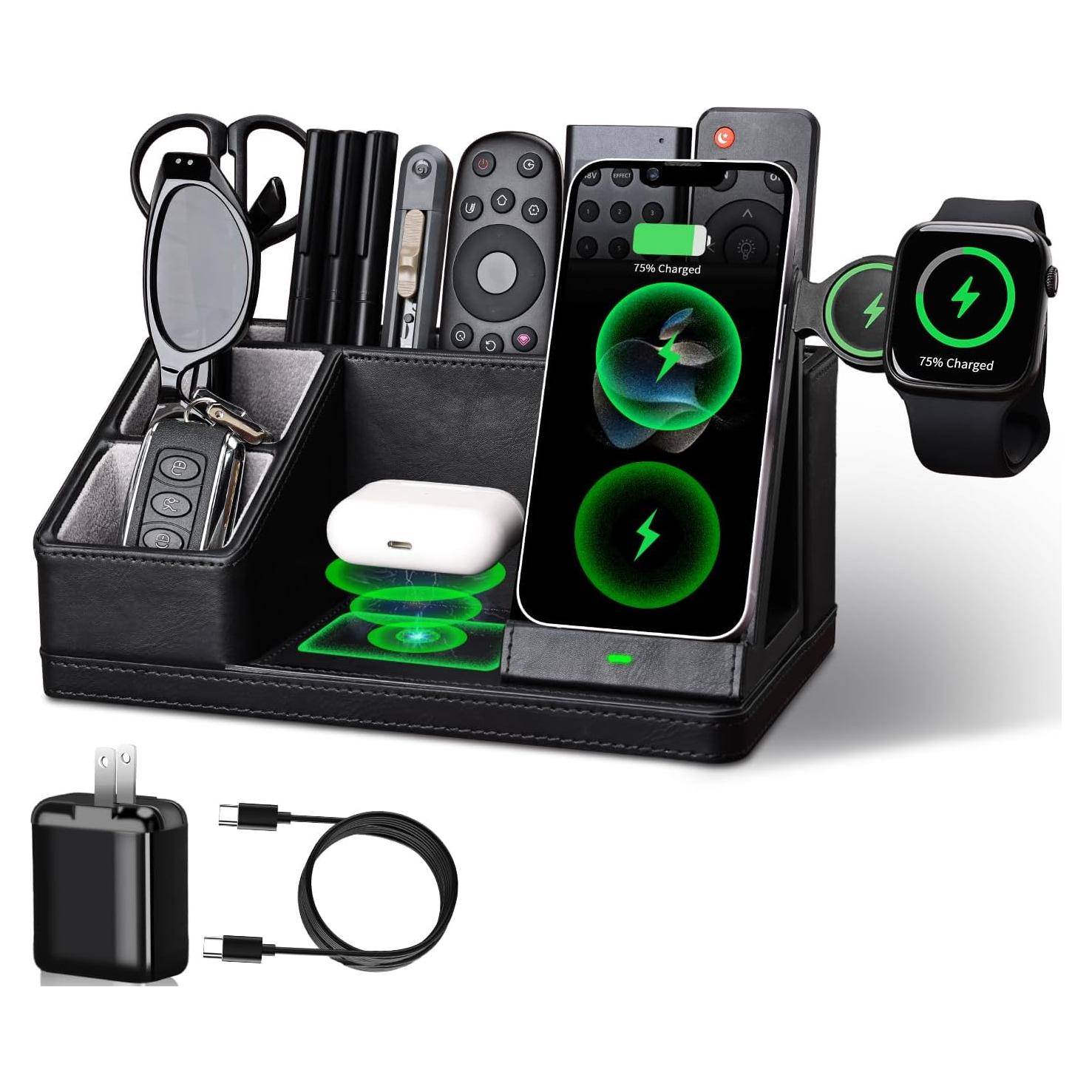 Organizador de Escritorio de Cuero LADSTAG con Cargador Inalámbrico