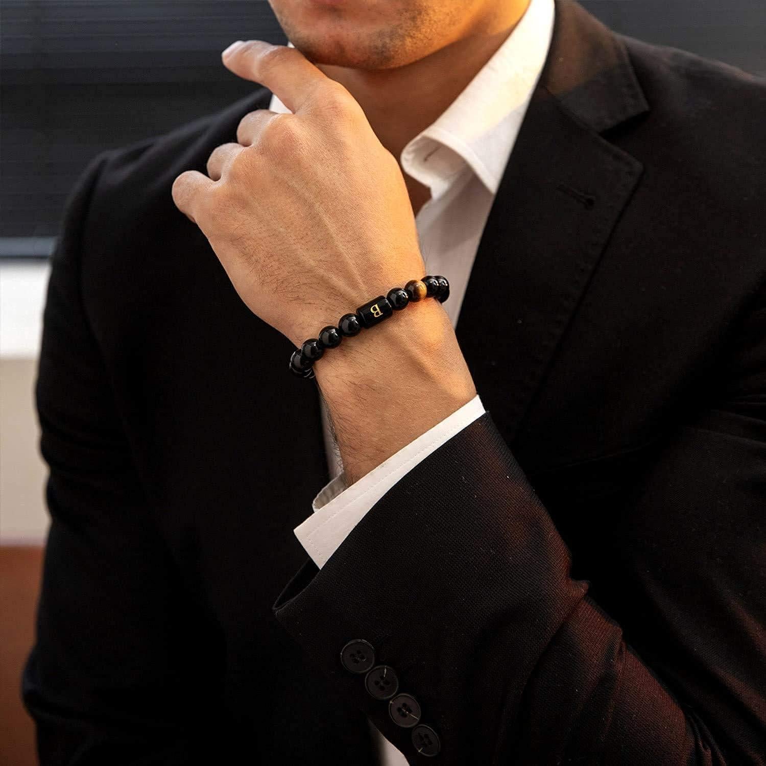 Pulsera de Iniciales para Hombres - Hecha a Mano con Ónix y Ojo de Tigre