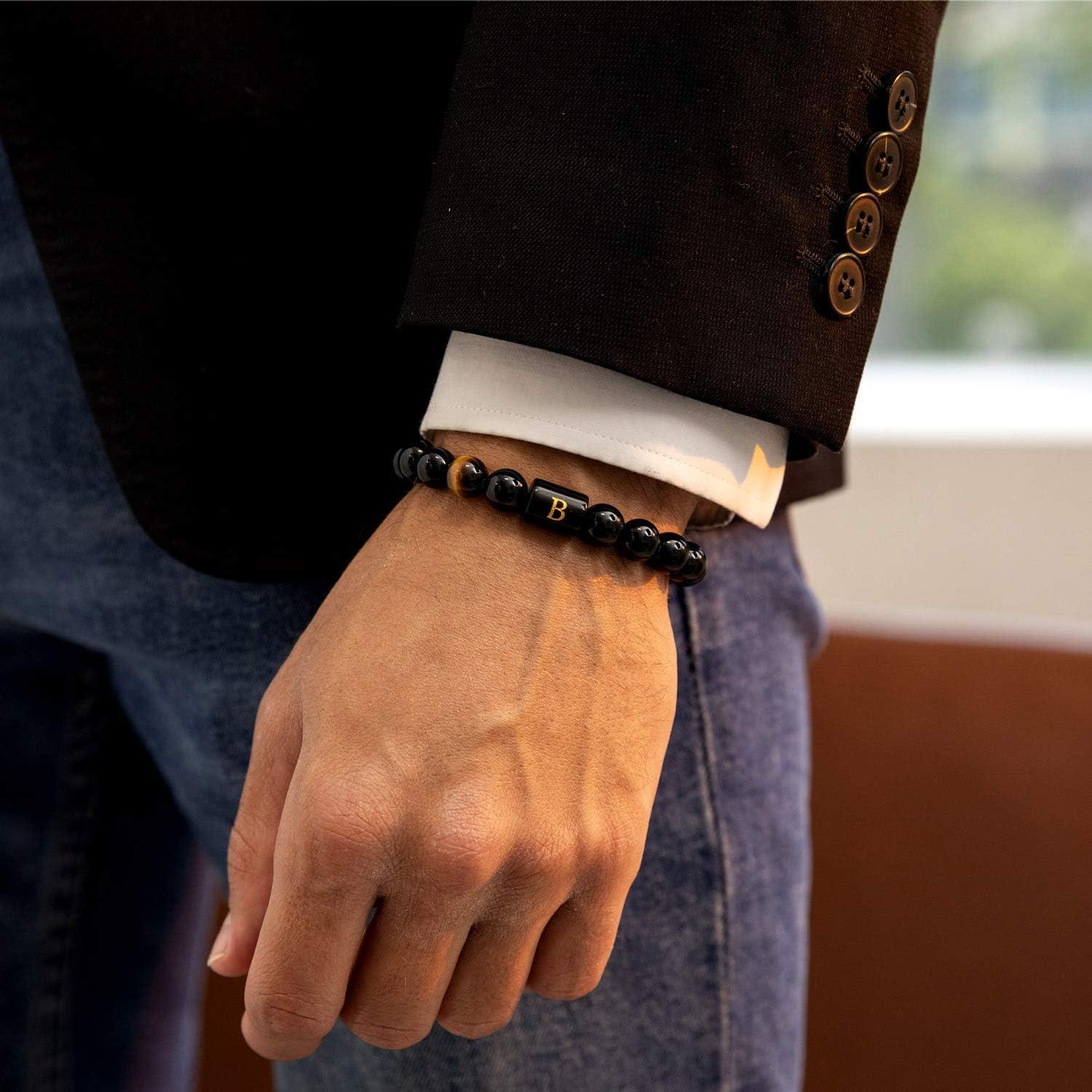Pulsera de Iniciales para Hombres - Hecha a Mano con Ónix y Ojo de Tigre