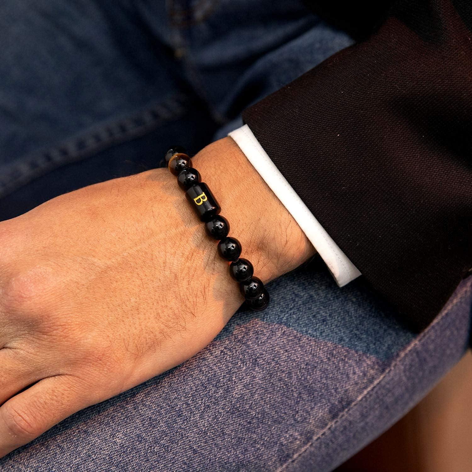Pulsera de Iniciales para Hombres - Hecha a Mano con Ónix y Ojo de Tigre