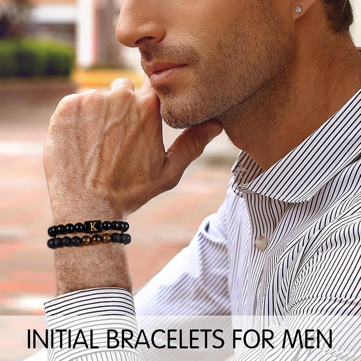 Pulsera Inicial STORUP para Hombres - Ojo de Tigre y Lava 8mm