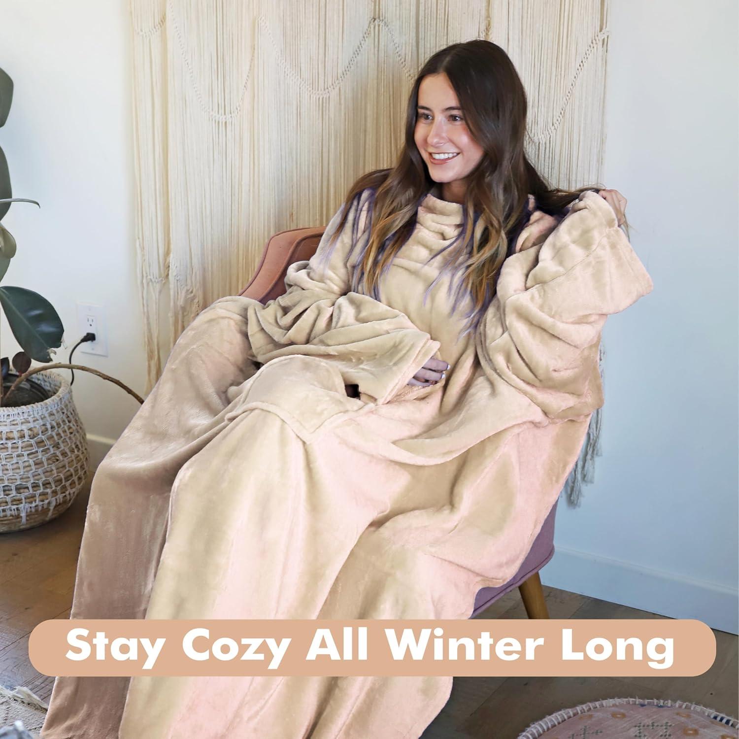 Manta Portátil Tirrinia Unisex Latte, Forro Polar con Mangas