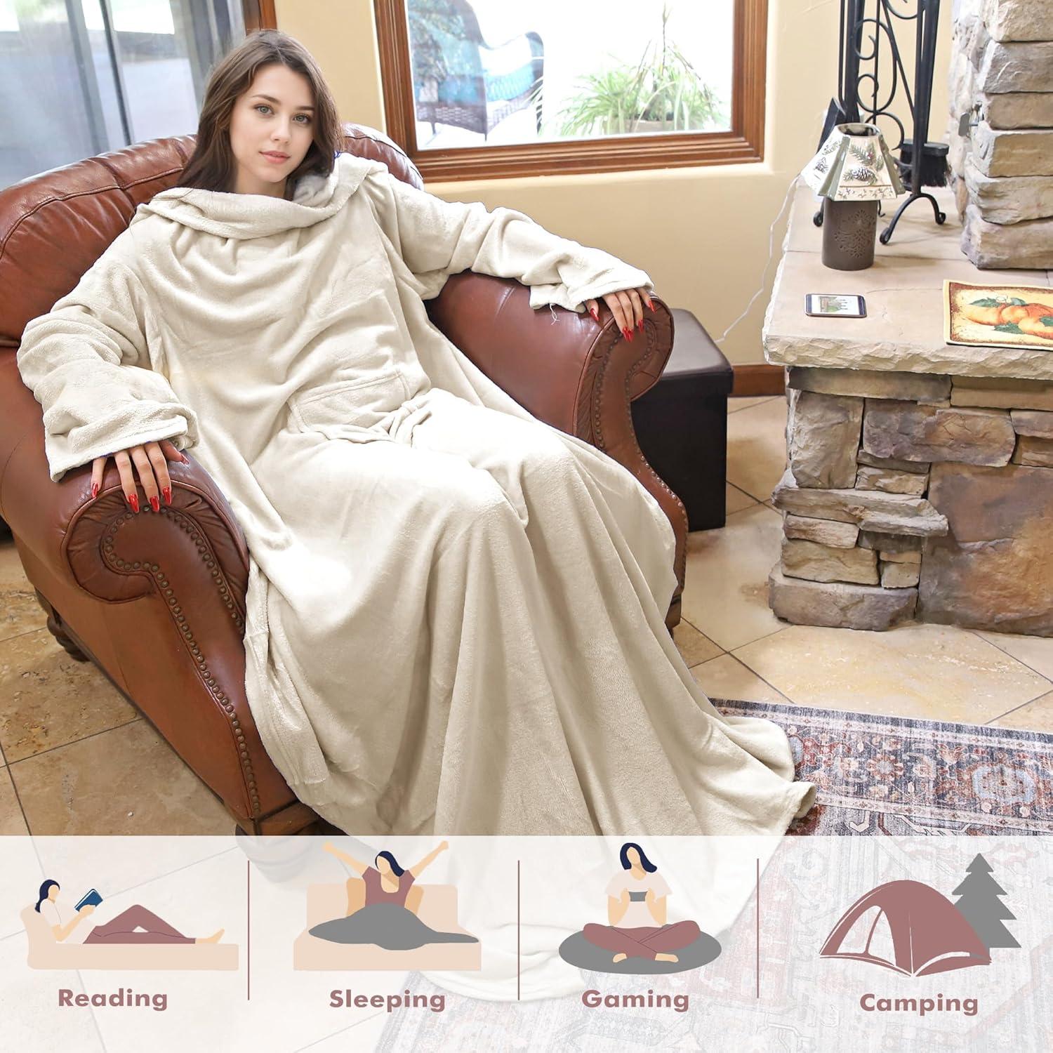 Manta Portátil Tirrinia Unisex Latte, Forro Polar con Mangas