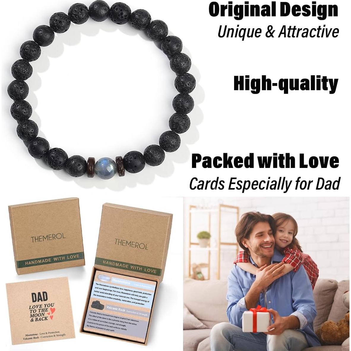 Pulsera de Roca Volcánica y Piedra Lunar para Papá - 21.08 cm