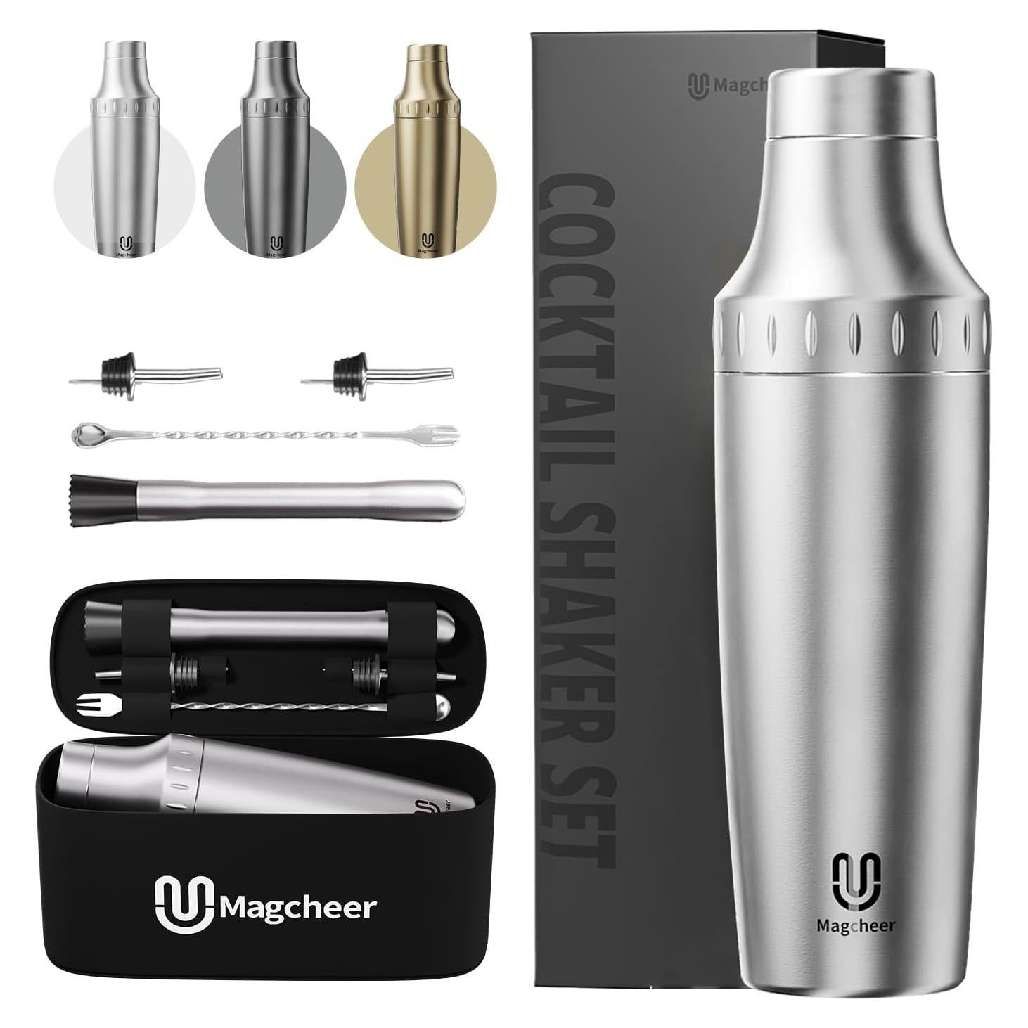 Juego de Coctelera Híbrida Magcheer 30 oz Acero Inoxidable Plata