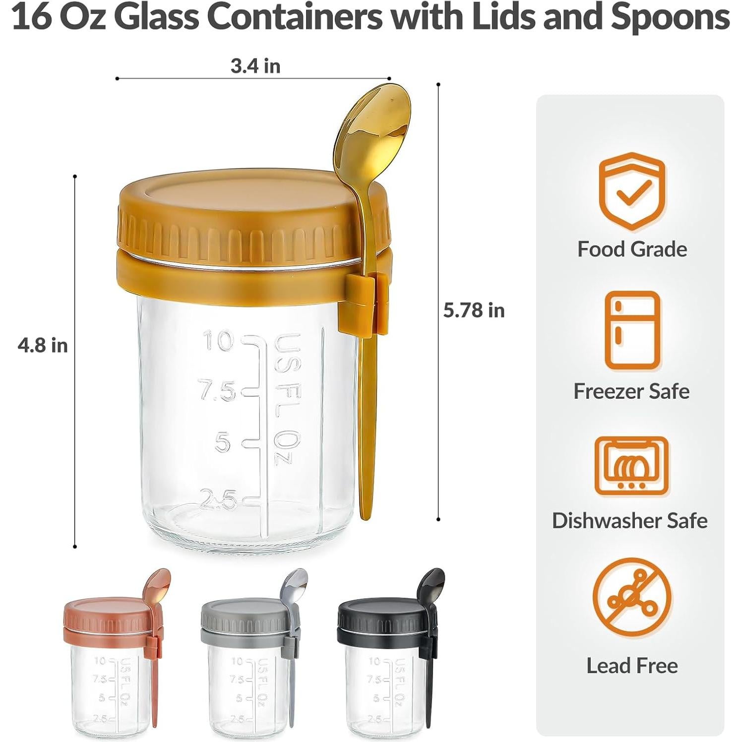 Contenedores de Avena Nocturna DRKIO 4 Pack 473ml Vidrio Hermético