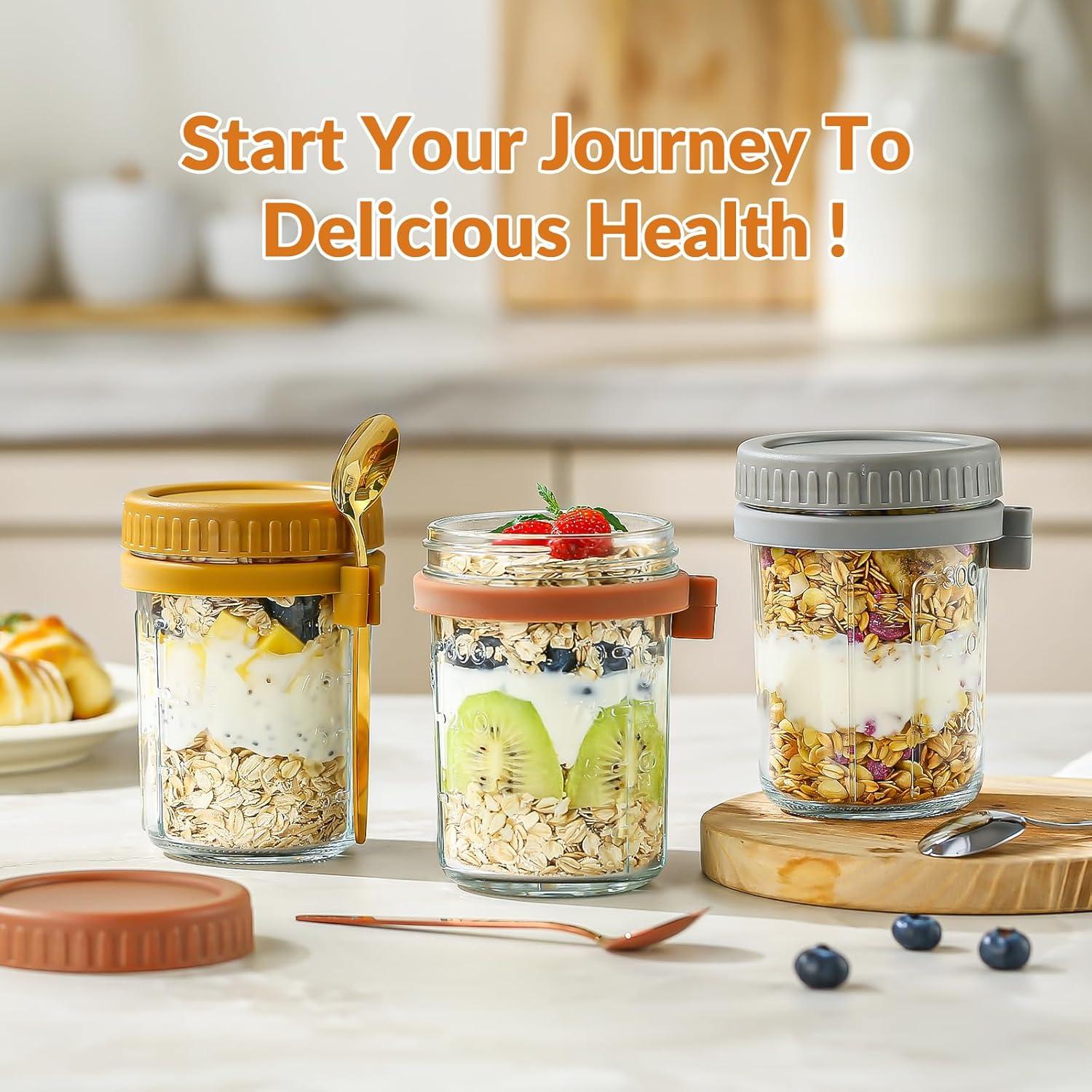 Contenedores de Avena Nocturna DRKIO 4 Pack 473ml Vidrio Hermético