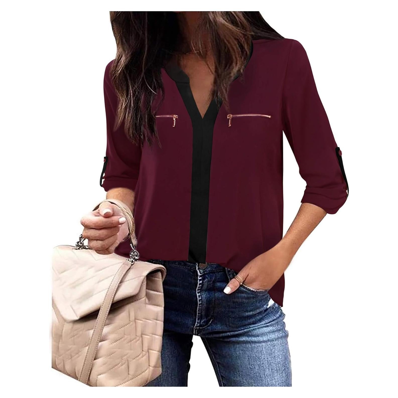 Blusa de Chifón para Mujeres Gaharu Cuello en V Manga 3/4