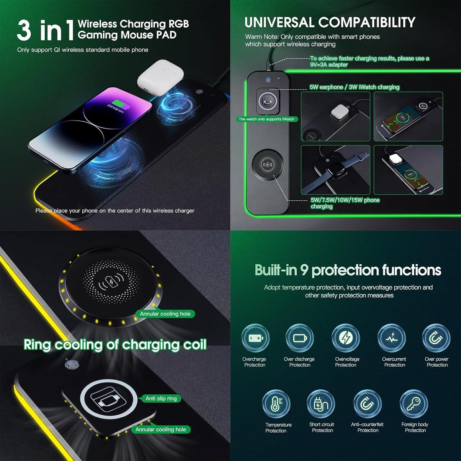 Alfombrilla de Carga Inalámbrica 15W GZESZT 80x30cm RGB