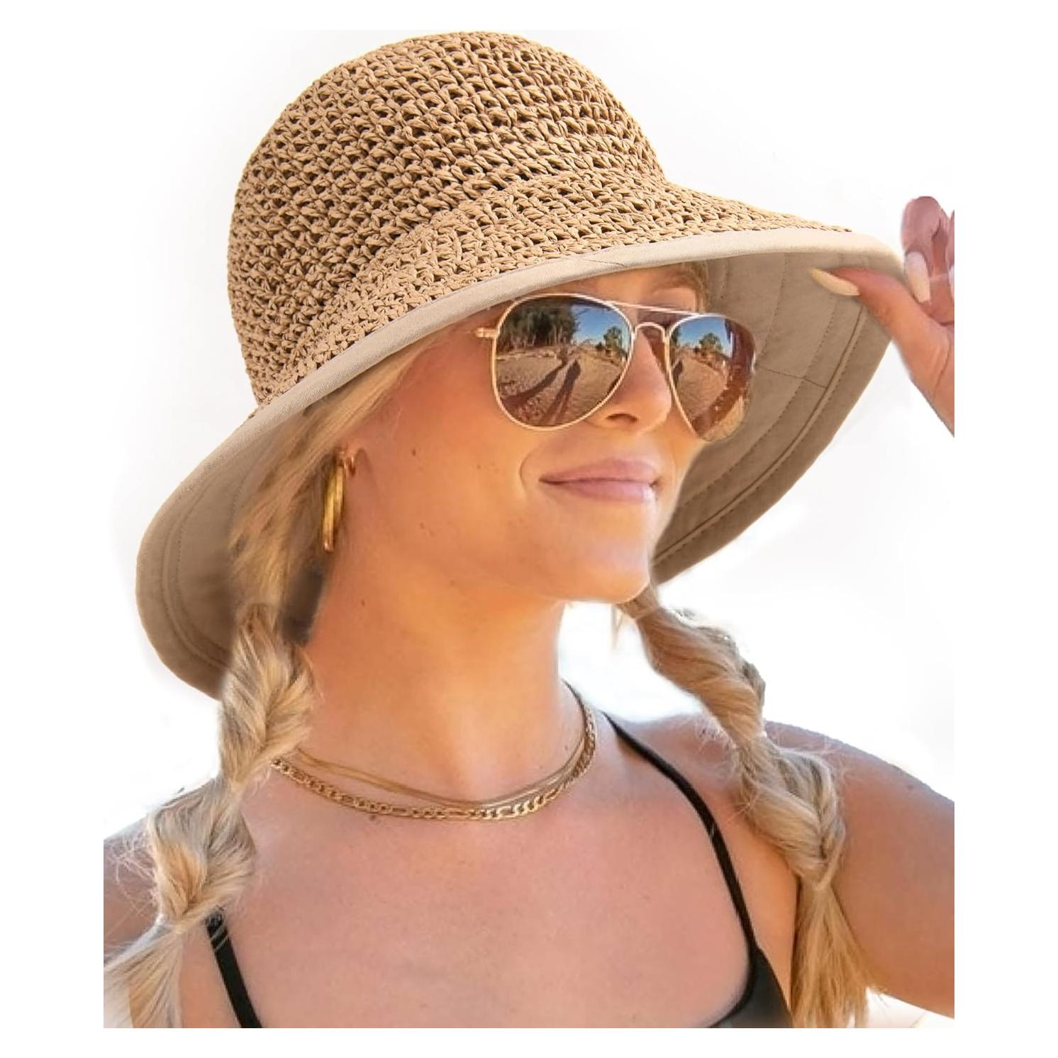 Sombrero de Playa de Paja FURTALK para Mujeres UPF 50 Caqui