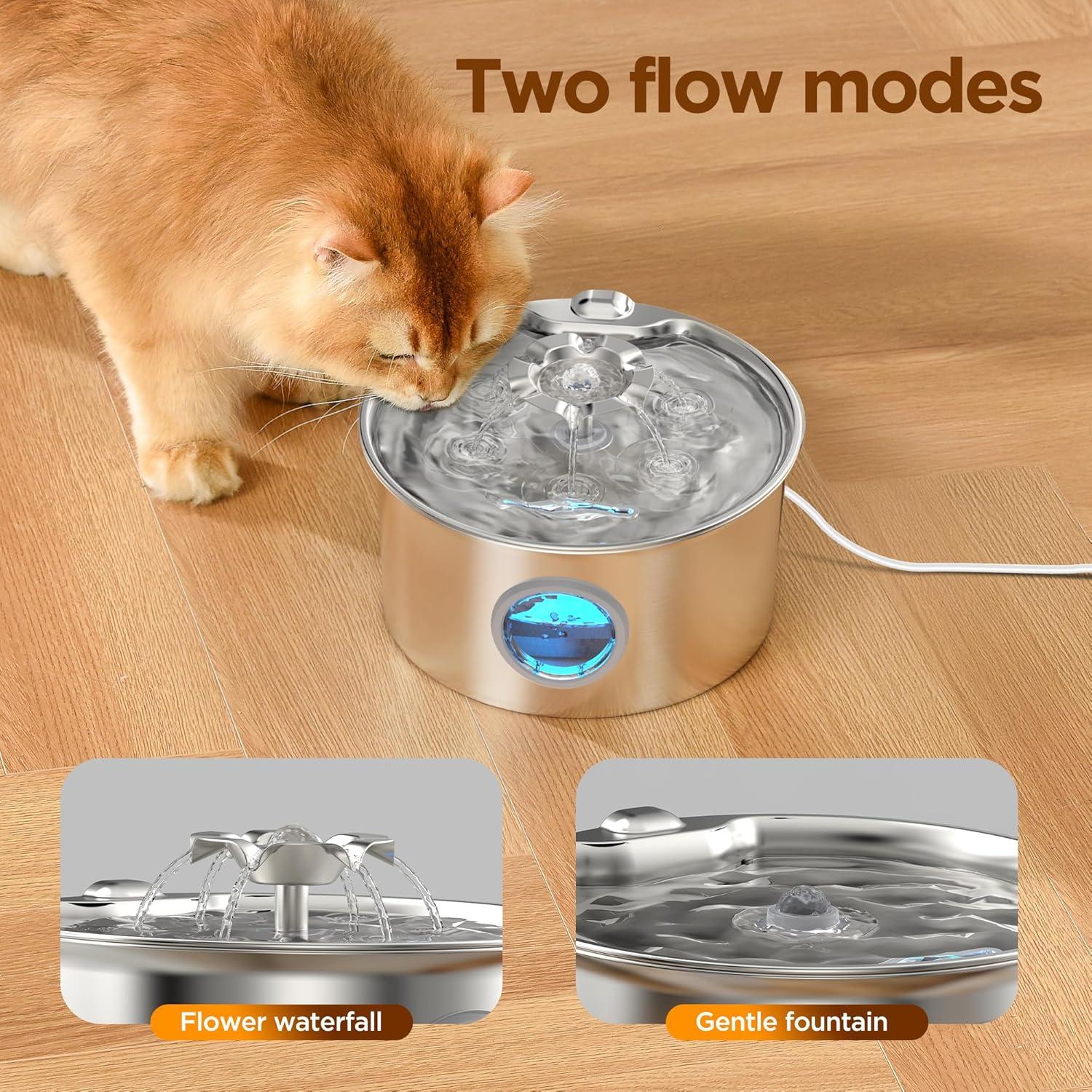 Fuente de Agua para Gatos IHOUONE 2.6L Acero Inoxidable Silenciosa