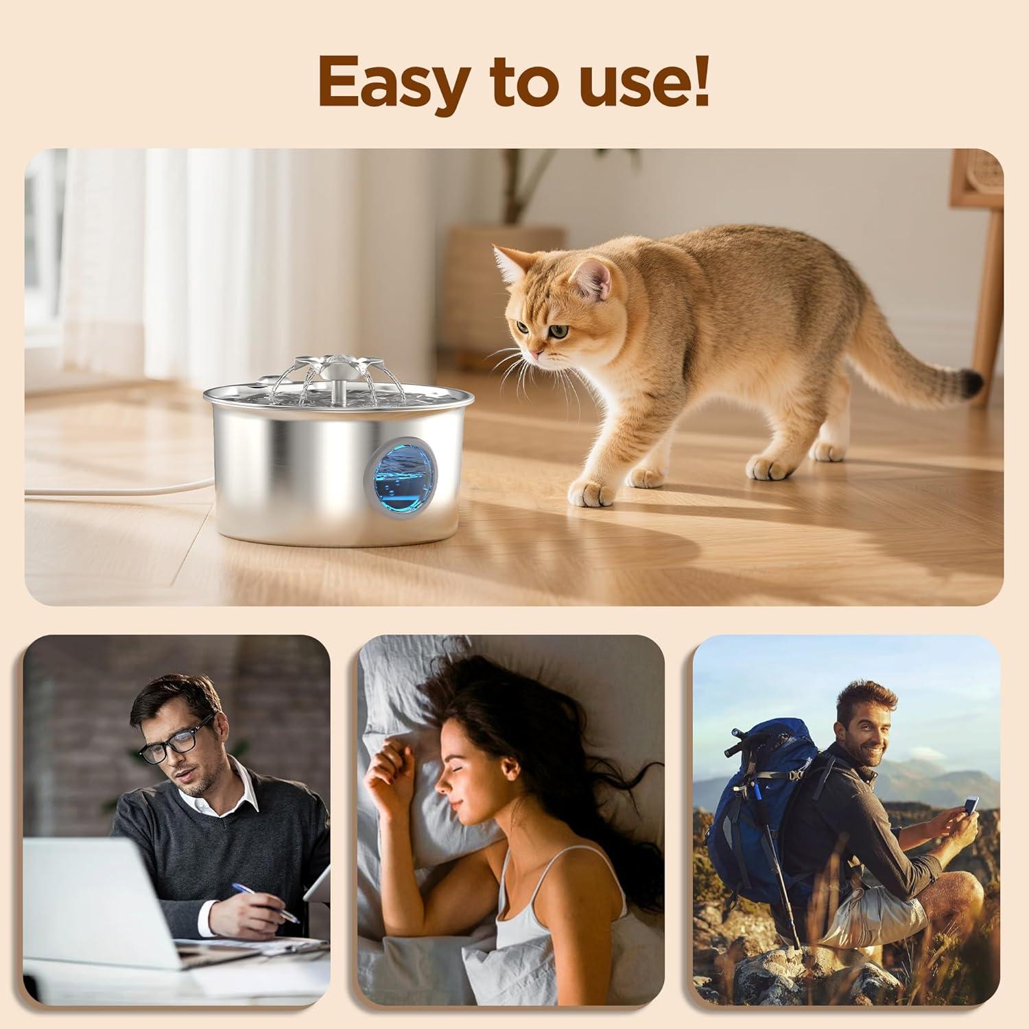 Fuente de Agua para Gatos IHOUONE 2.6L Acero Inoxidable Silenciosa