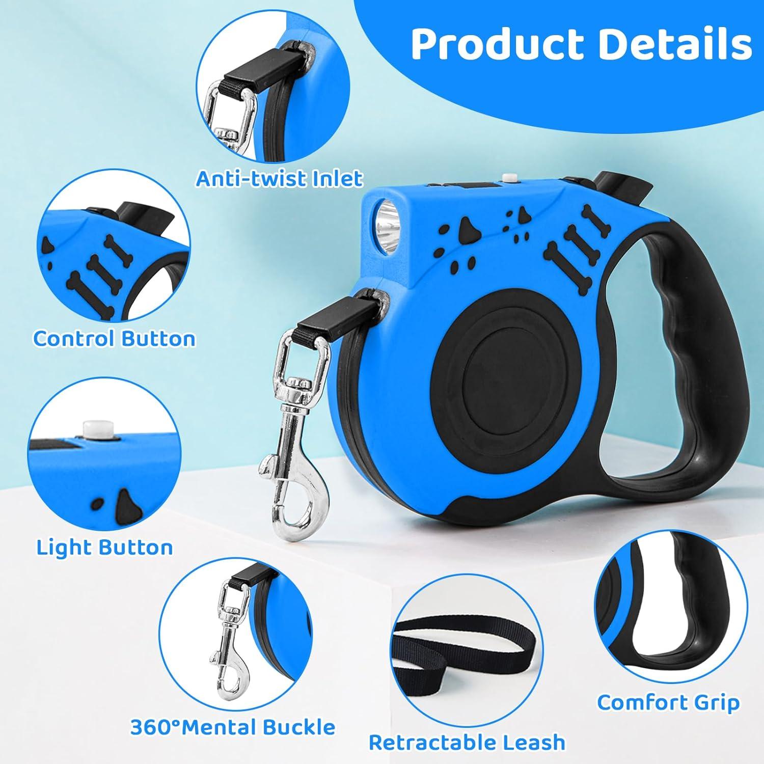 Correa de Perro Retráctil COSOWO 4.88m con Linterna USB Azul