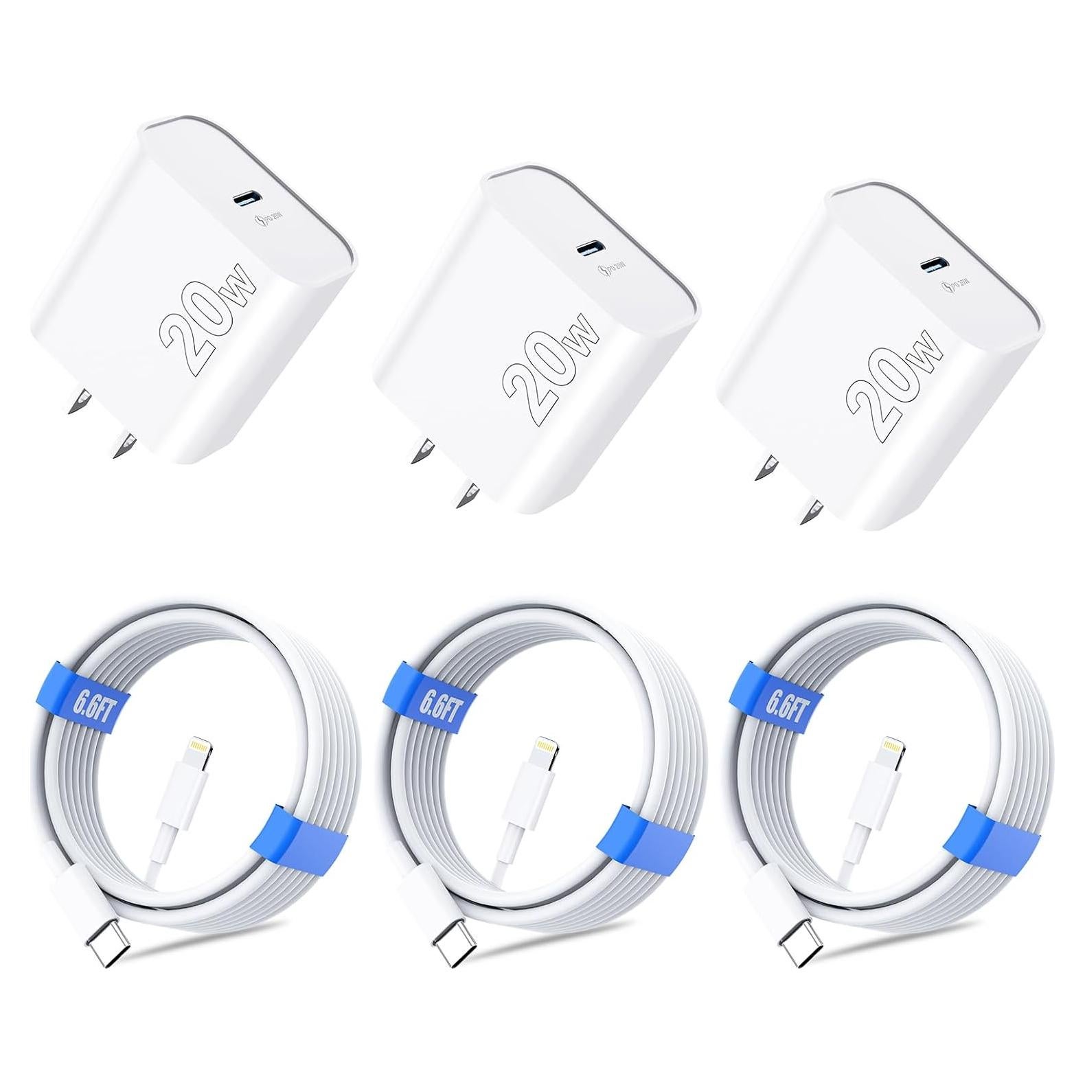 Cargador Rápido USB-C 20W MFi para iPhone 14/13/12 - Paquete de 3