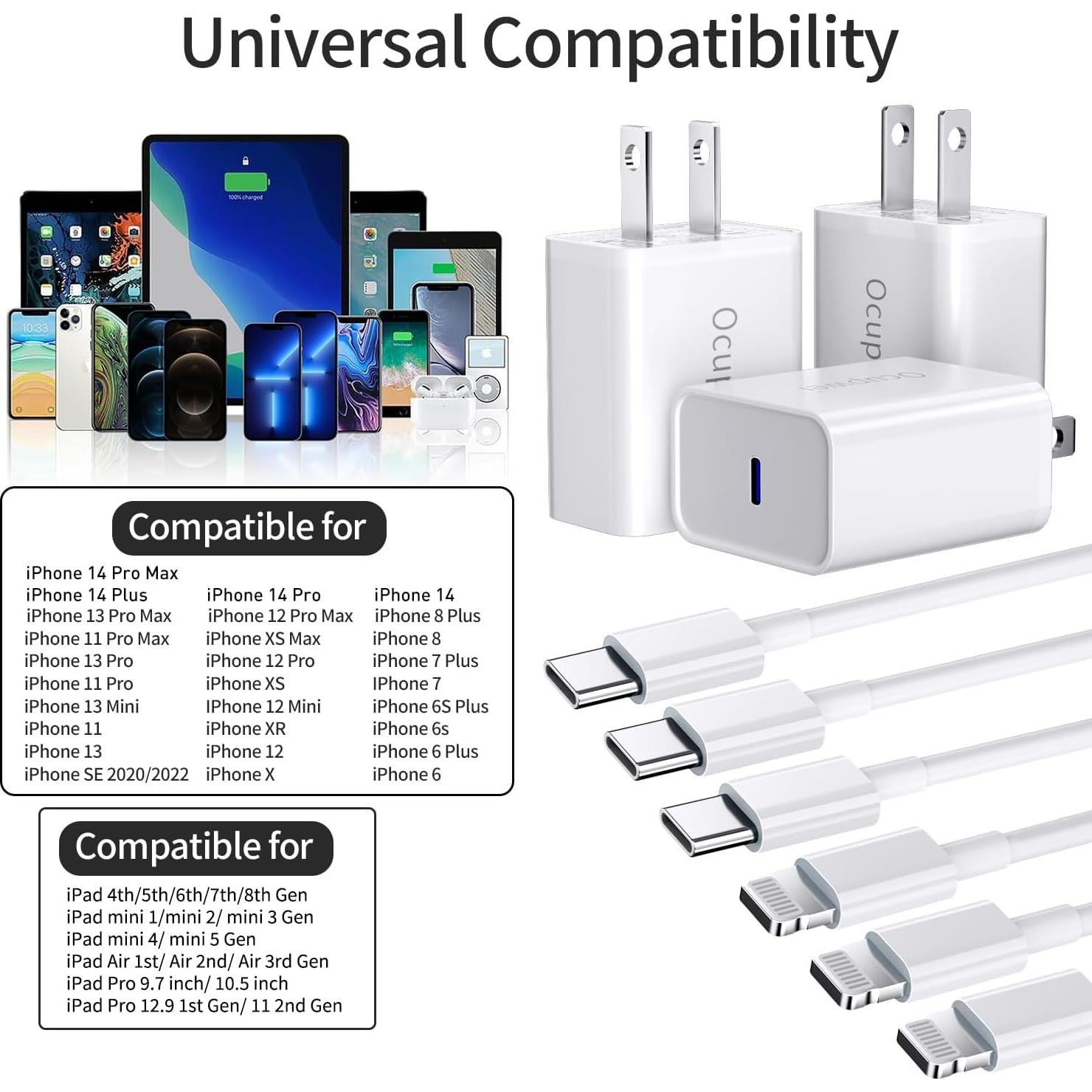 Cargador Rápido USB-C 20W MFi para iPhone 14/13/12 - Paquete de 3