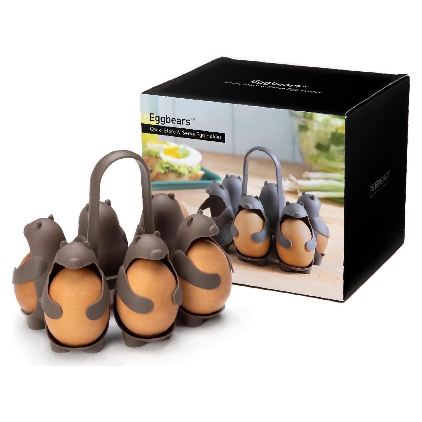 Peleg Design Eggbears 3-in-1 Cook, Store and Serve Egg Holder, Bear-Shaped Boiled Egg Cooker for Making Soft or Hard Boiled Eggs, Eggies, Holds 6 Eggs for Easy Cooking and Fridge Storage
