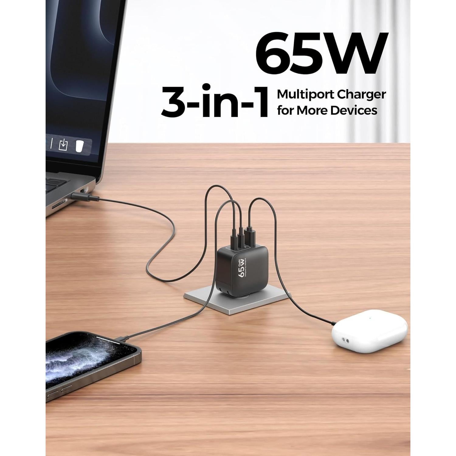 Cargador USB-C MUNBYN 65W Plegable 3 Puertos GaN Negro