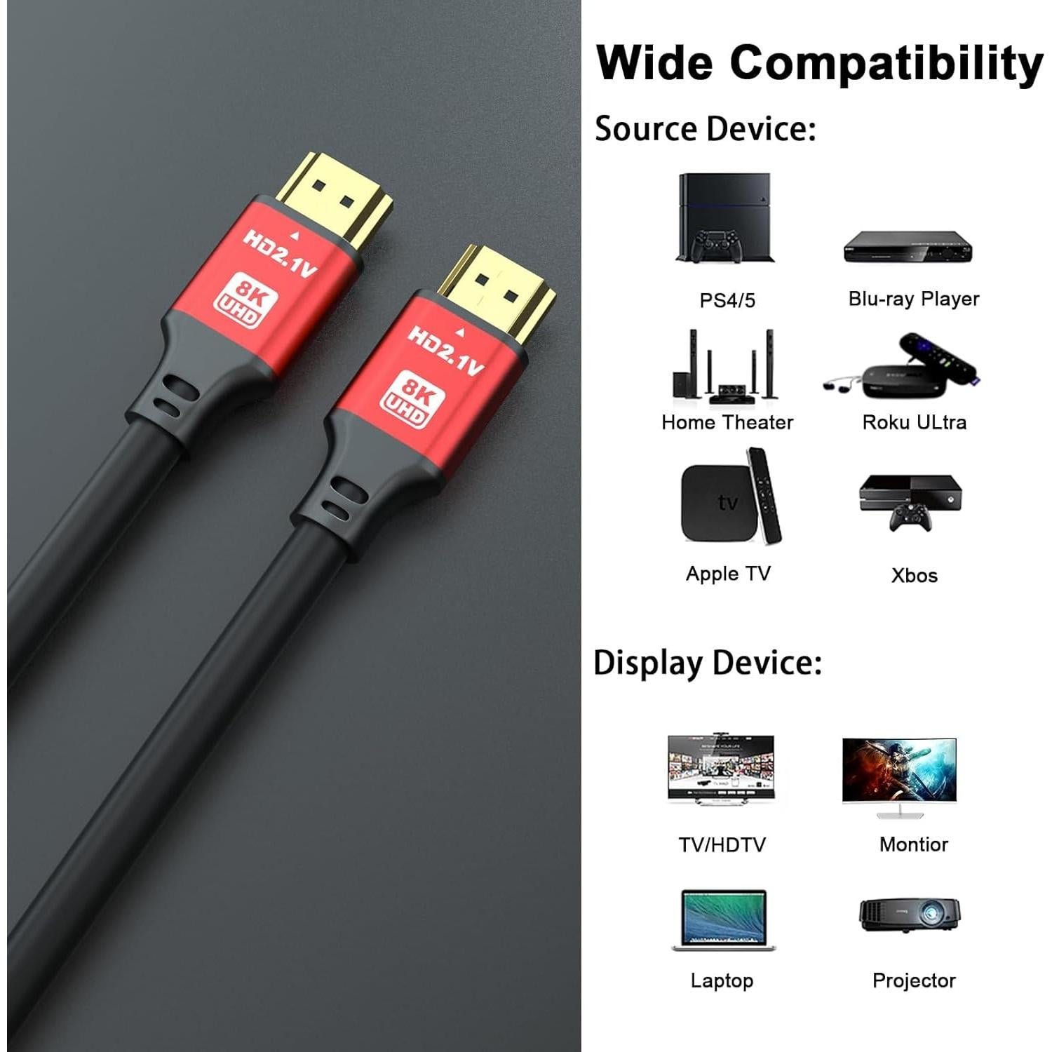 8K 48Gbps HDMI Cables 2.1 1.5ft 60HZ,4K 2.0@120Hz 18GBPS,High Speed HDMI Cord, Ultra HD,Ethernet Audio Return,Video 4K,1080p,3D,Arc, HDR Compatible with Xbox,PS5/PS4,HDTV,Laptop ect(Red)
